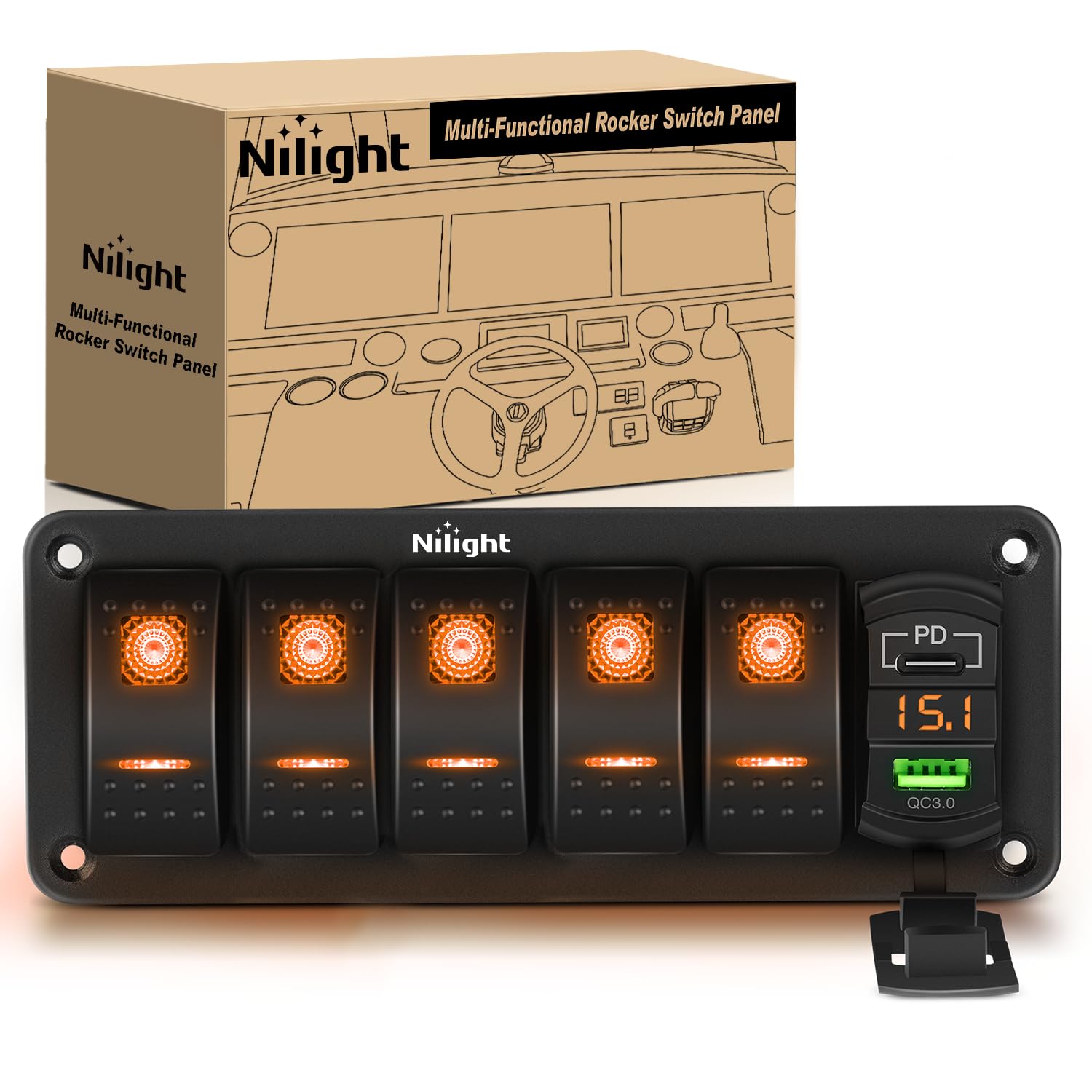 Nilight 5 Gang Rocker Switch Panel With Pd Type C And Usb Charger Voltmeter 12V Spst On Off Toggle Switches W/Orange Backlit Wat