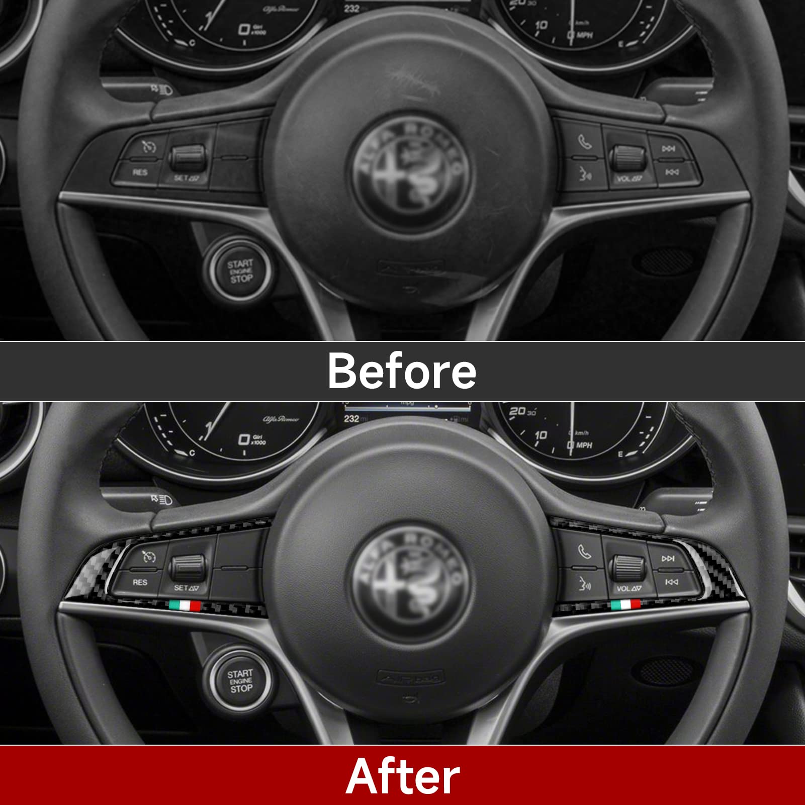 2Pcs Car Steering Trim Sticker Cover Carbon Fiber Decal Fits For Alfa Romeo Giulia Stelvio 2016 2017 2018 2019 Interior Accessories (Black)