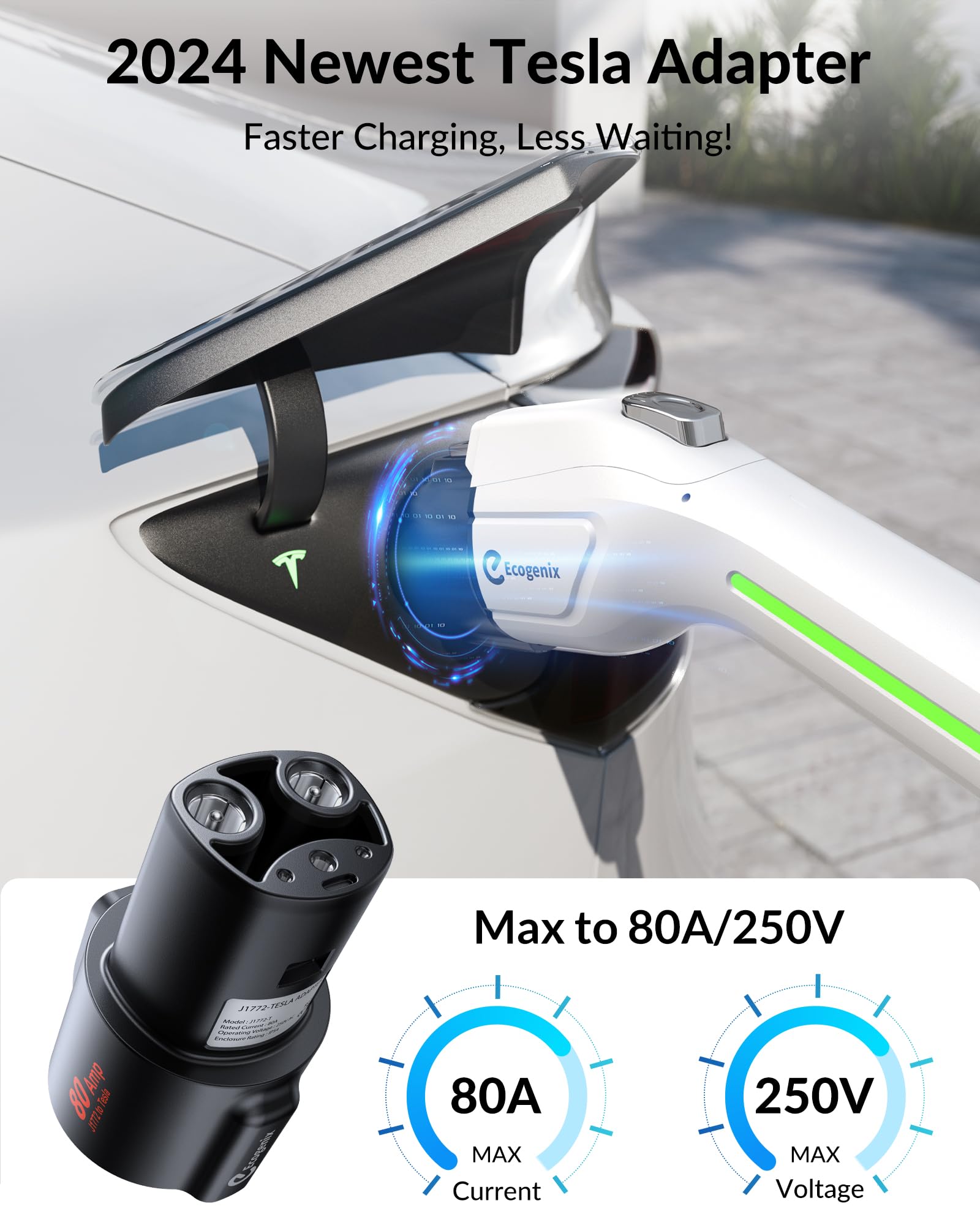 Ecogenix J1772 to Tesla Charger Adapter, Max 80A, Polycarbonate, Black, Model AusC17B - Fast & Safe Charging for Tesla Models