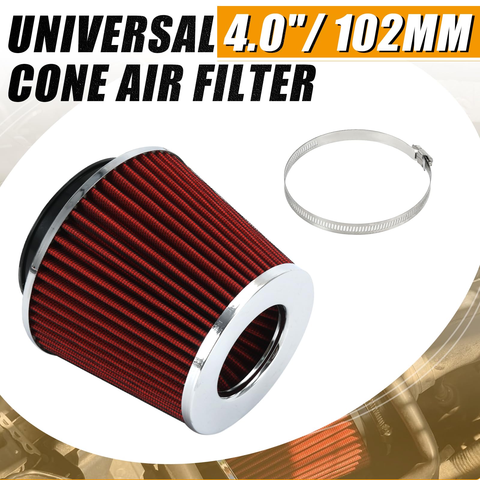 Ptnhz Universal Red 4'' 102Mm High Flow Cold Air Intake Cone Air Filter Power Intake Air Inlet System Air Cleaner
