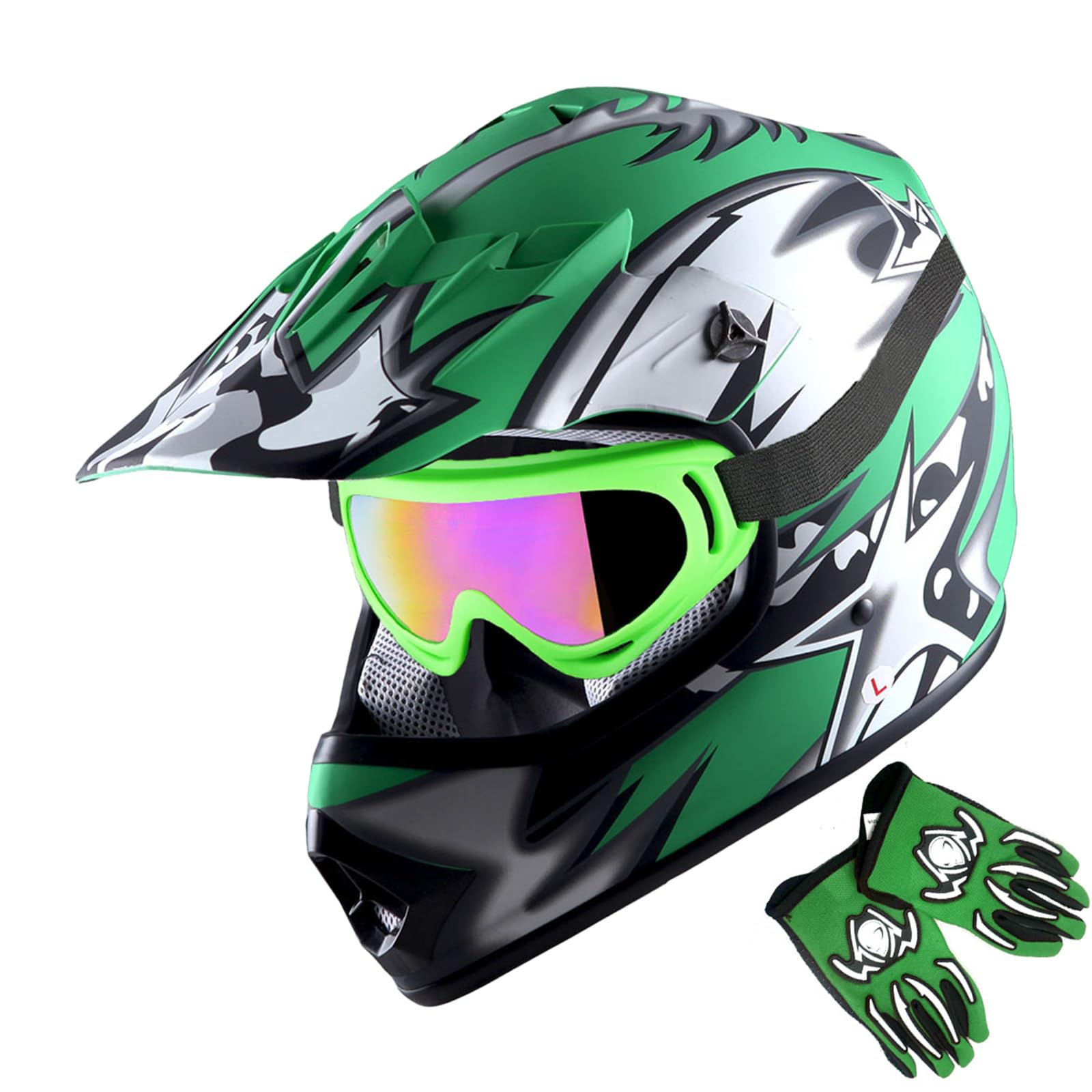 1Storm Youth Motocross Helmet BMX MX ATV Dirt Bike Helmet Matt Star Green + Goggles + MG Youth Green Glove Bundle