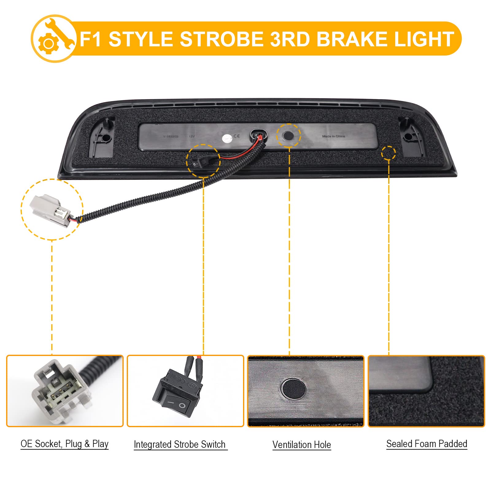 F1 Style Strobe Led Third Brake Lights For 2014-2019 Silverado Sierra 1500 2500Hd 3500Hd Roof Cargo Light High Mount Stop Lamp 3Rd Brake Light Pickup Truck Smoked Lens, Oem# 23509162 | 20979071