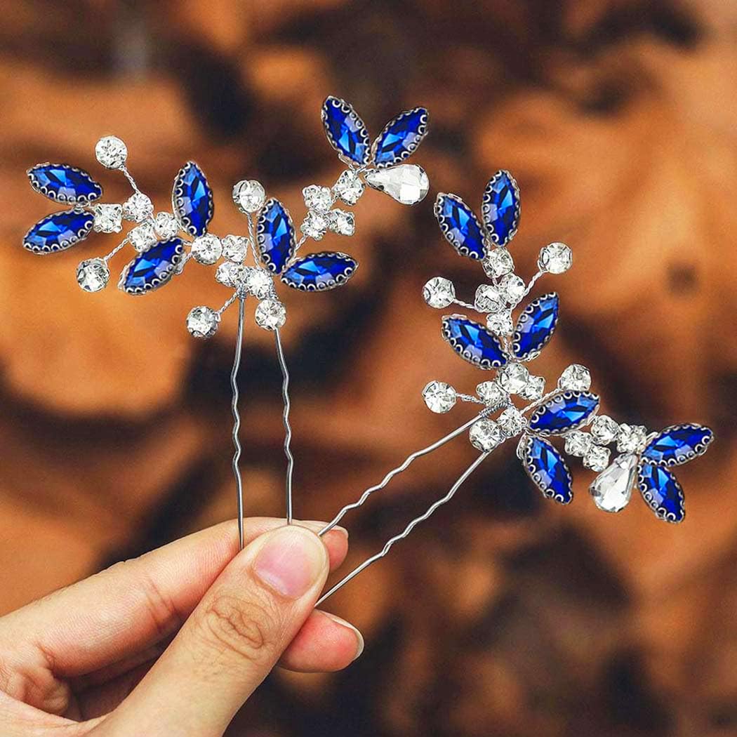 Casdre Crystal Bridal Hair Pins Rhinestone Bride Wedding Hair Piece Hair Accessories for Women and Girls (Pack of 2) (A Blue)-New