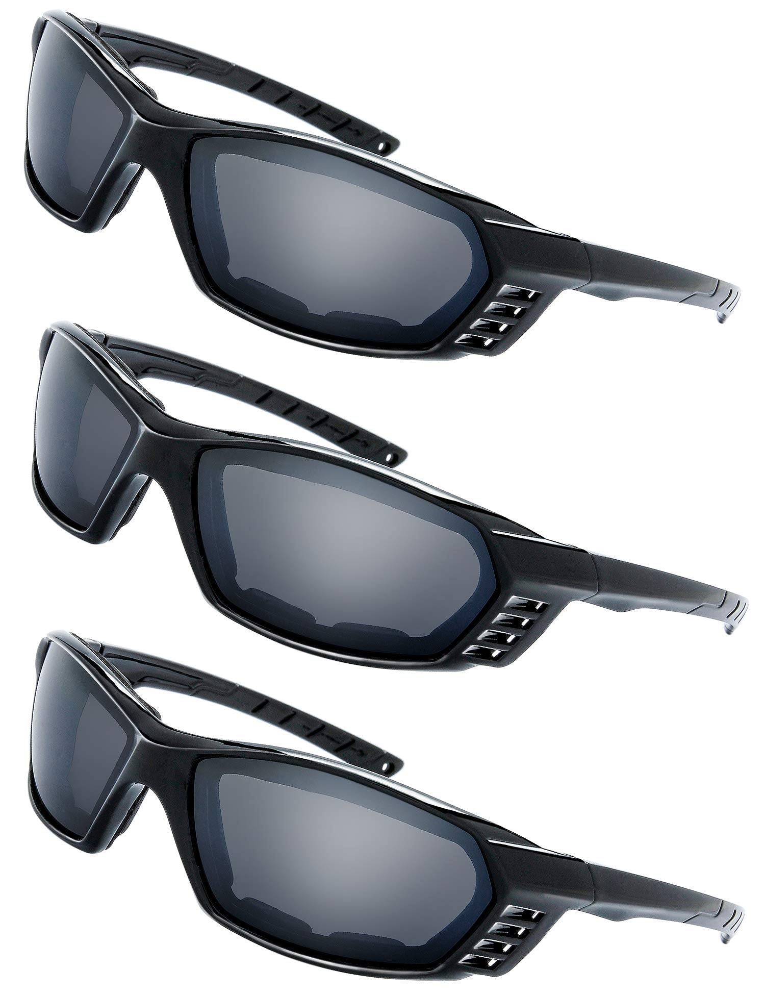 The Fresh Motorcycle Riding Glasses Padded Frame Lens Block 100% Uvb For Outdoor Activity Sport (21-Black, 3 Pairs Of Grey)
