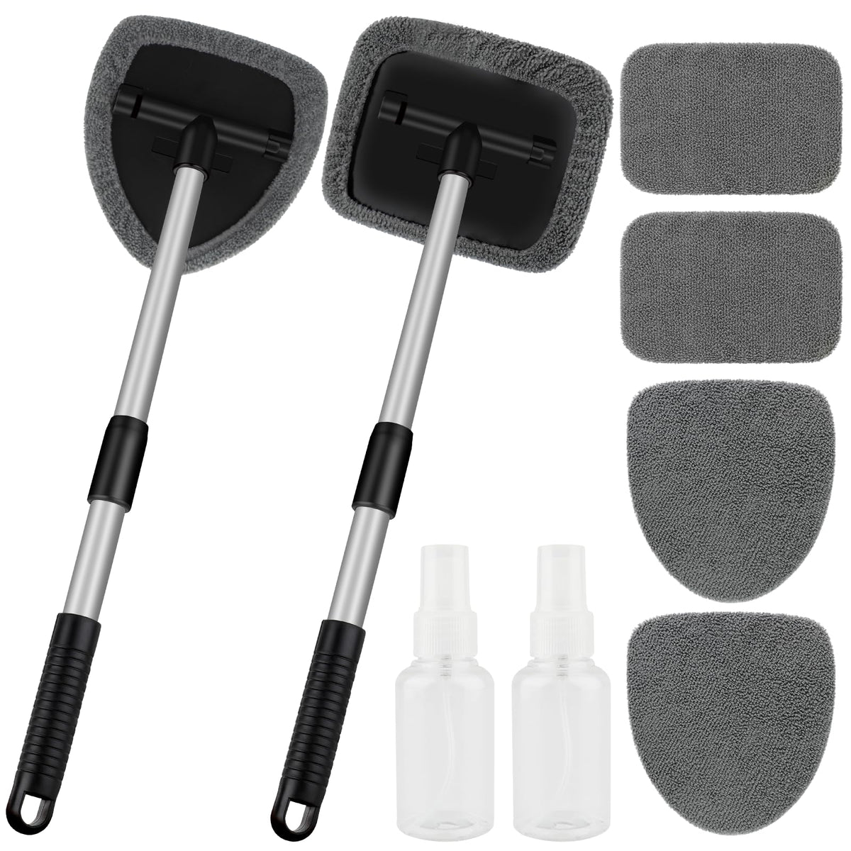 Car Windshield Cleaner Tool, Window Glass Cleaning Tool Inside with 4 Reusable Microfiber Pads, 2 Extendable Handle and 2 Spray 