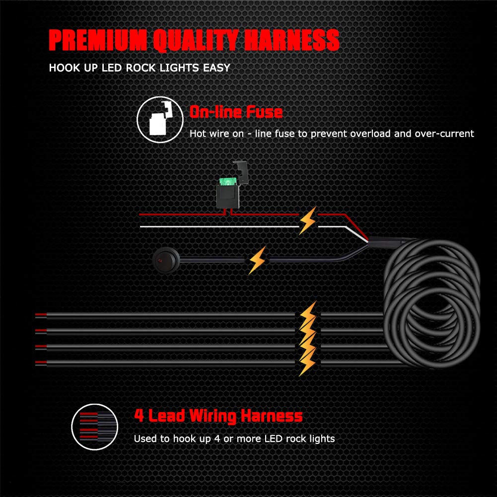 Ampper 4 Lead Wiring Harness For Led Rock Lights, Led Rock Light Pod Wiring Harness Kit With 2 Extension Wires, Relay, Fuse And Switch