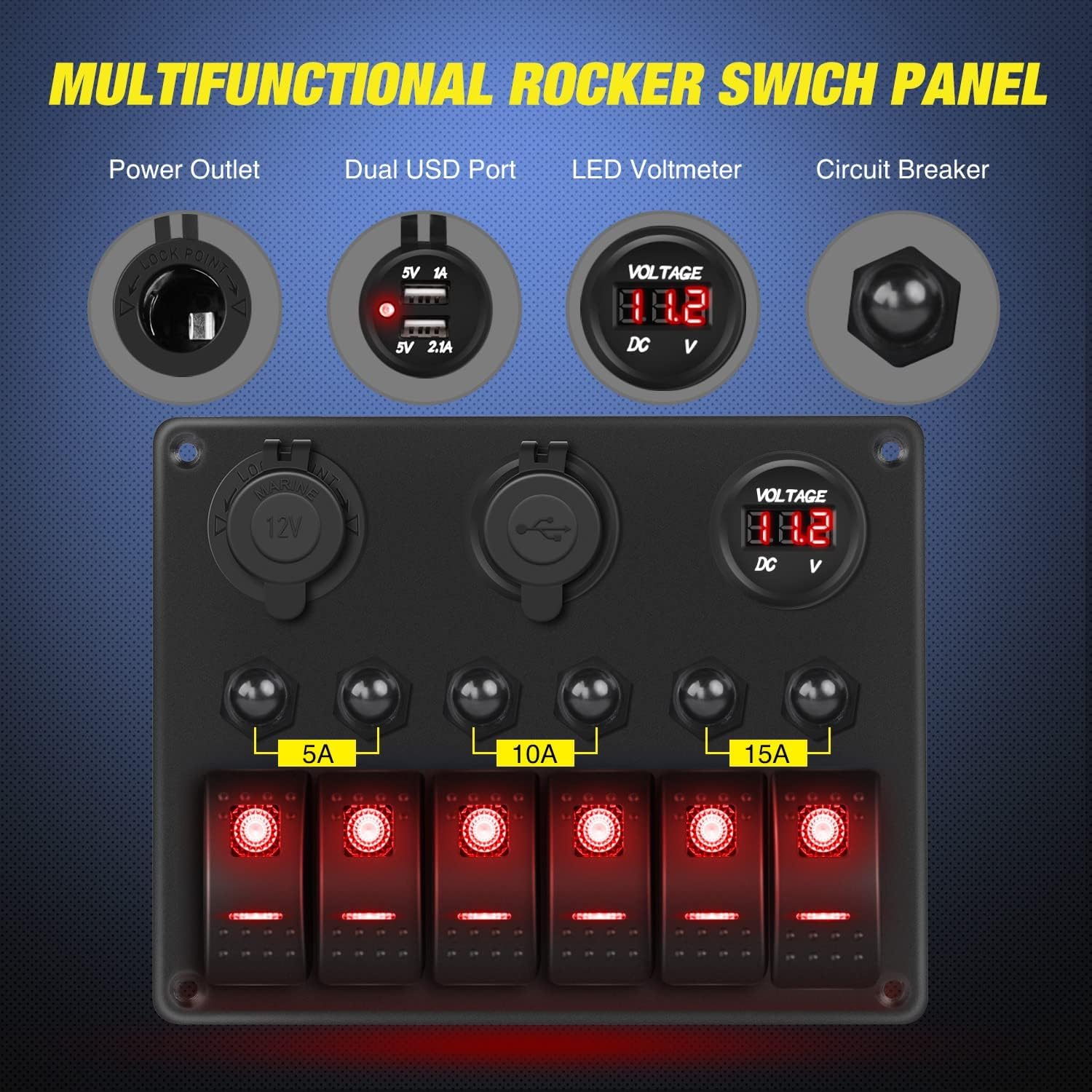 Nilight 6 Gang On Off Rocker Switch Panel Red Backlit 12V 24V Led Digital Voltmeter 3.1A Dual Usb Charger Cigarette Lighter Sock