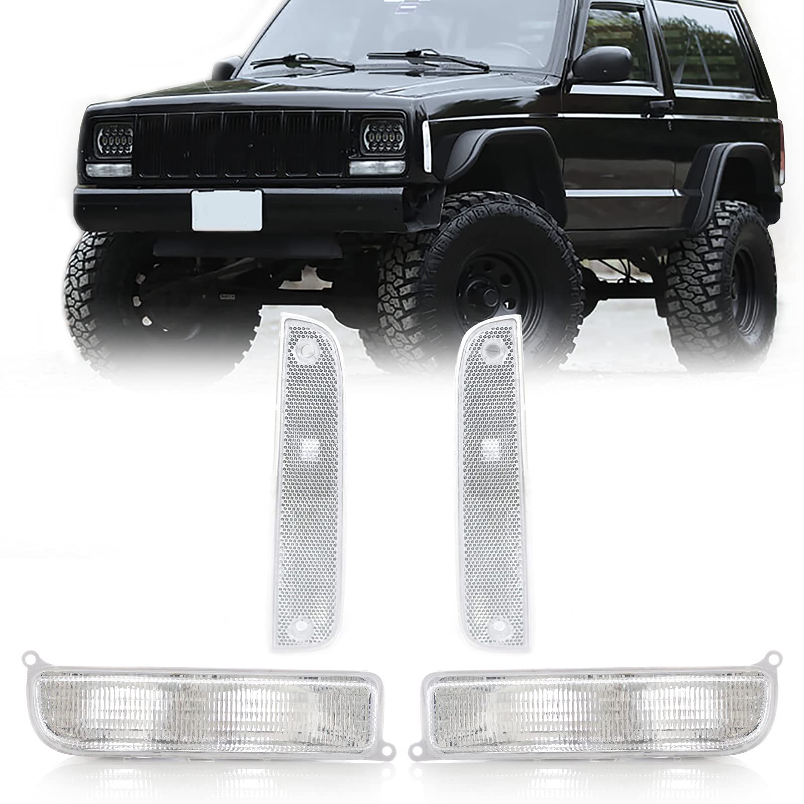 USR DEPO 97-01 XJ Signal Lights - COMBO Clear Bumper Turn Signal + Corner Side Marker Lamps Set (Left + Right) Compatible with 1