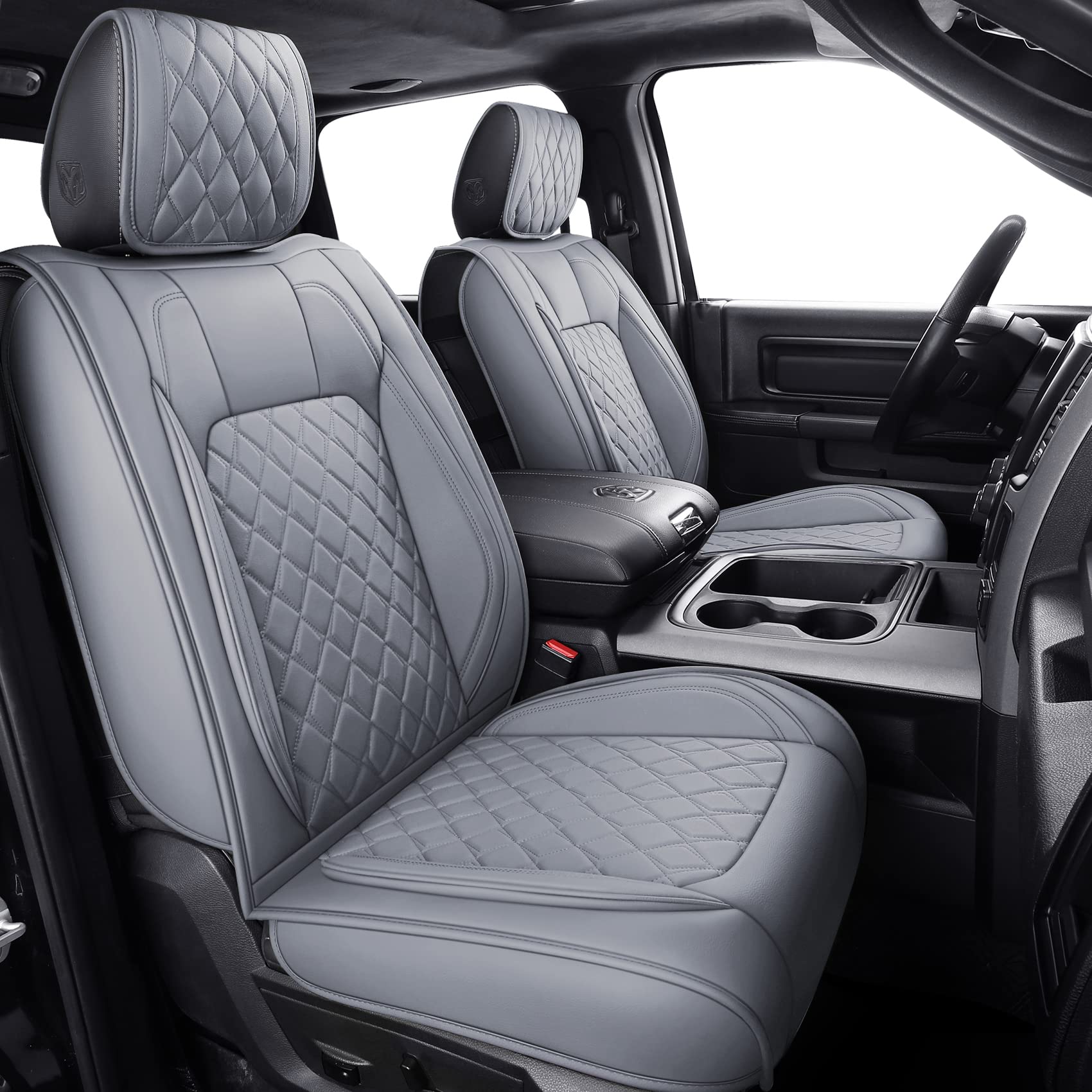 Aierxuan Dodge Ram Car Seat Covers Front Pair Waterproof Leather Custom Fit 2009-2023 1500/2500/3500 Crew Quad Regular Cab Truck Pickup Compatible With Airbag(2 Pcs Front/Grey)