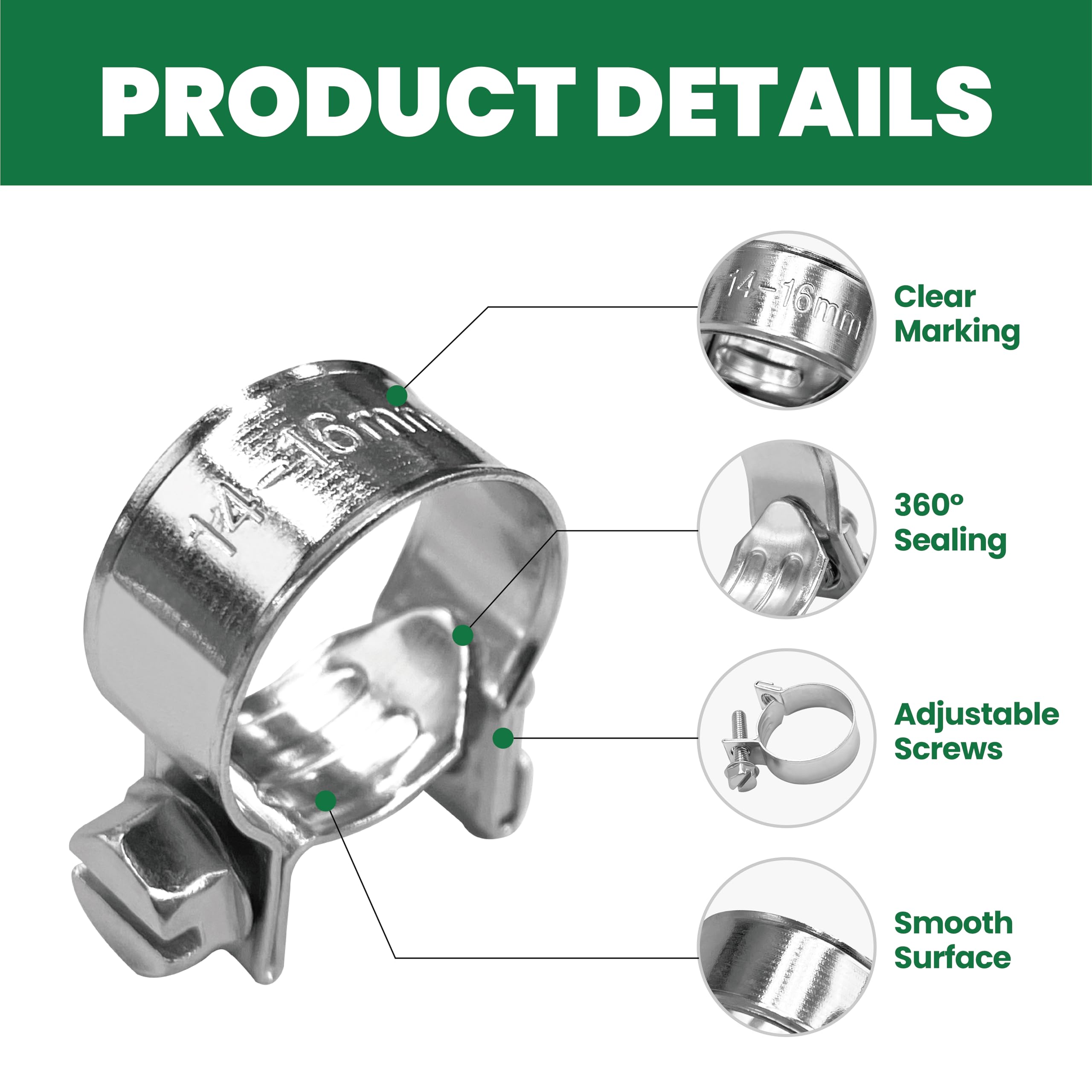 LAR-ME 3/8'' Small Fuel Injection Hose Clamps, 20PCS Gas Line Hose Clamp, Adjustable Pipe Hose Clip Tube Clamps for Automotive,A