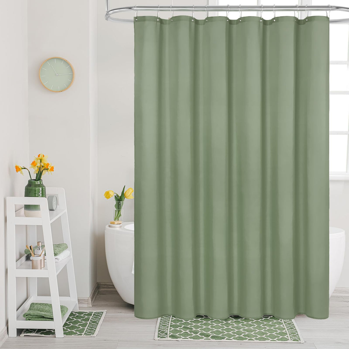 Mitovilla Extra Long Shower Curtain Liner - 72 X 84 Inches, Sage Green Shower Liner Fabric With Plastic Hooks, Waterproof Bath Curtain Liner Polyester Soft Lightweight, Washable