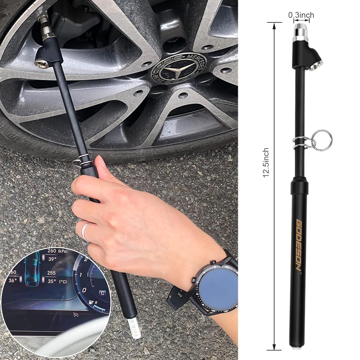 Godeson Heavy Duty Tire Pressure Gauge, Straight-On Dual Head Tire Air Gauge Range 10-150Psi, Extended Tube Tire Gauge Suitable