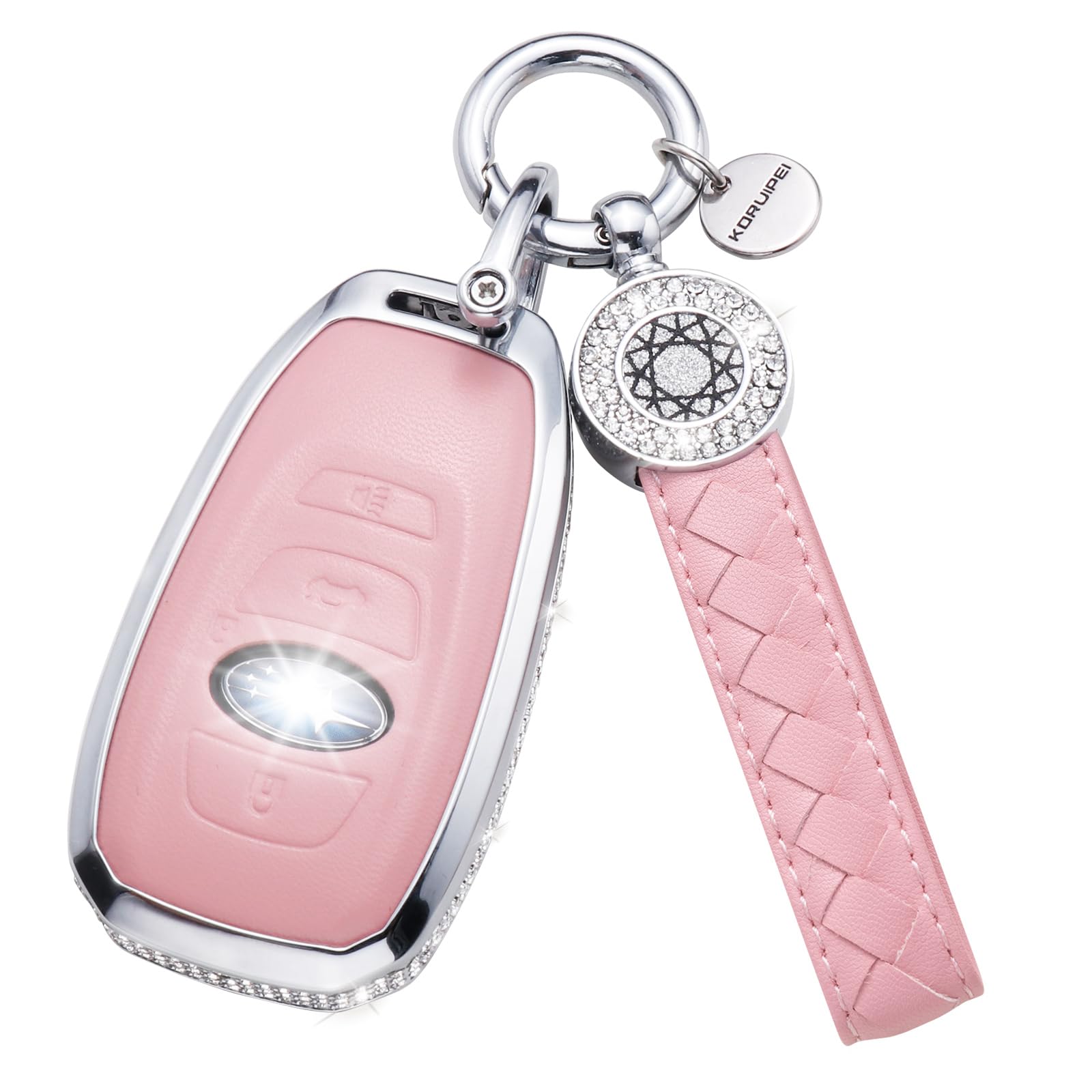 Ruabiban For Subaru Key Fob Cover With Keychain, Pink Leather Key Case Fit For Ascent Brz Crosstrek Forester Impreza Legacy Outb