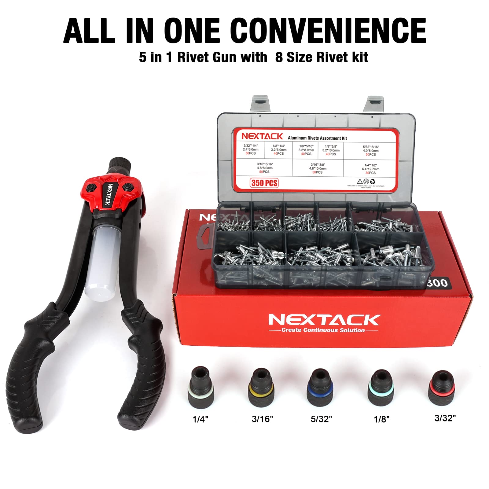 NEXTACK Rivet Gun Kit, 1/4 Pop Rivet Gun w/ 350 Assorted Rivets, 13 '' Full Metal Two-Handed Heavy Duty Riveter Tool Setter with