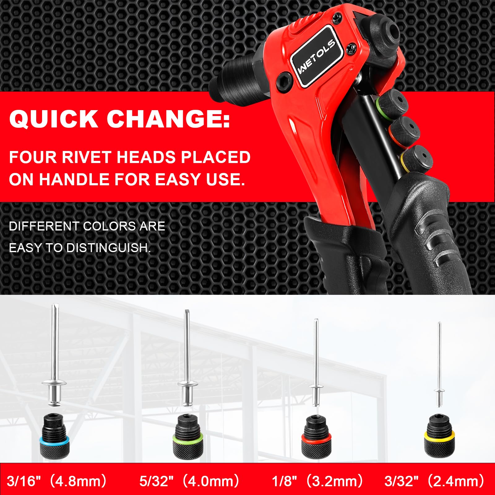 Wetols Pop Rivet Gun Kit With 200 Blind Rivets, Upgraded Manual Single Hand Riveter With 4 Tool-Free Interchangeable Rivet Heads