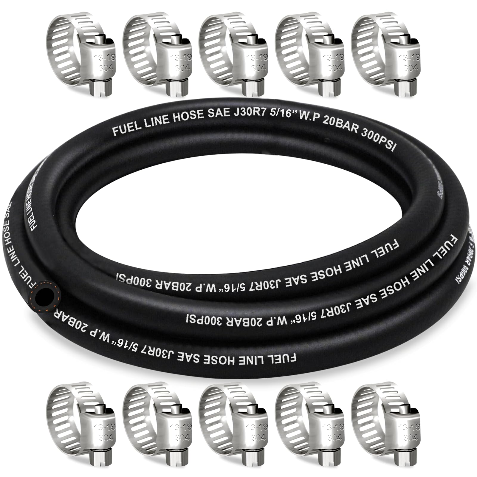 Housun Fuel Line 5/16 Inch Id, Fuel Hose 10Ft, J30R7 Fuel Line Hose Nbr With 10 Clamps.