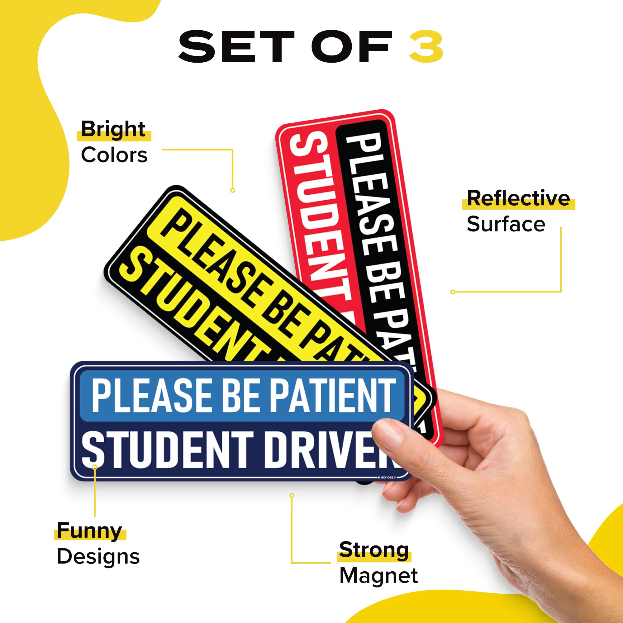 Student Driver Magnet For Car - 3-Pack Colorful Please Be Patient Reflective Magnetic Bumper Sticker Set - Removable Novice Rook