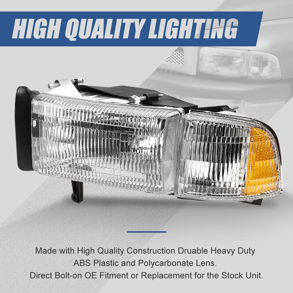 Auto Dynasty 4Pcs Headlights Assembly With Corner Lamp Compatible With Dodge Ram 1500 2500 3500 (Non-Sport Models) 94-02, Driver