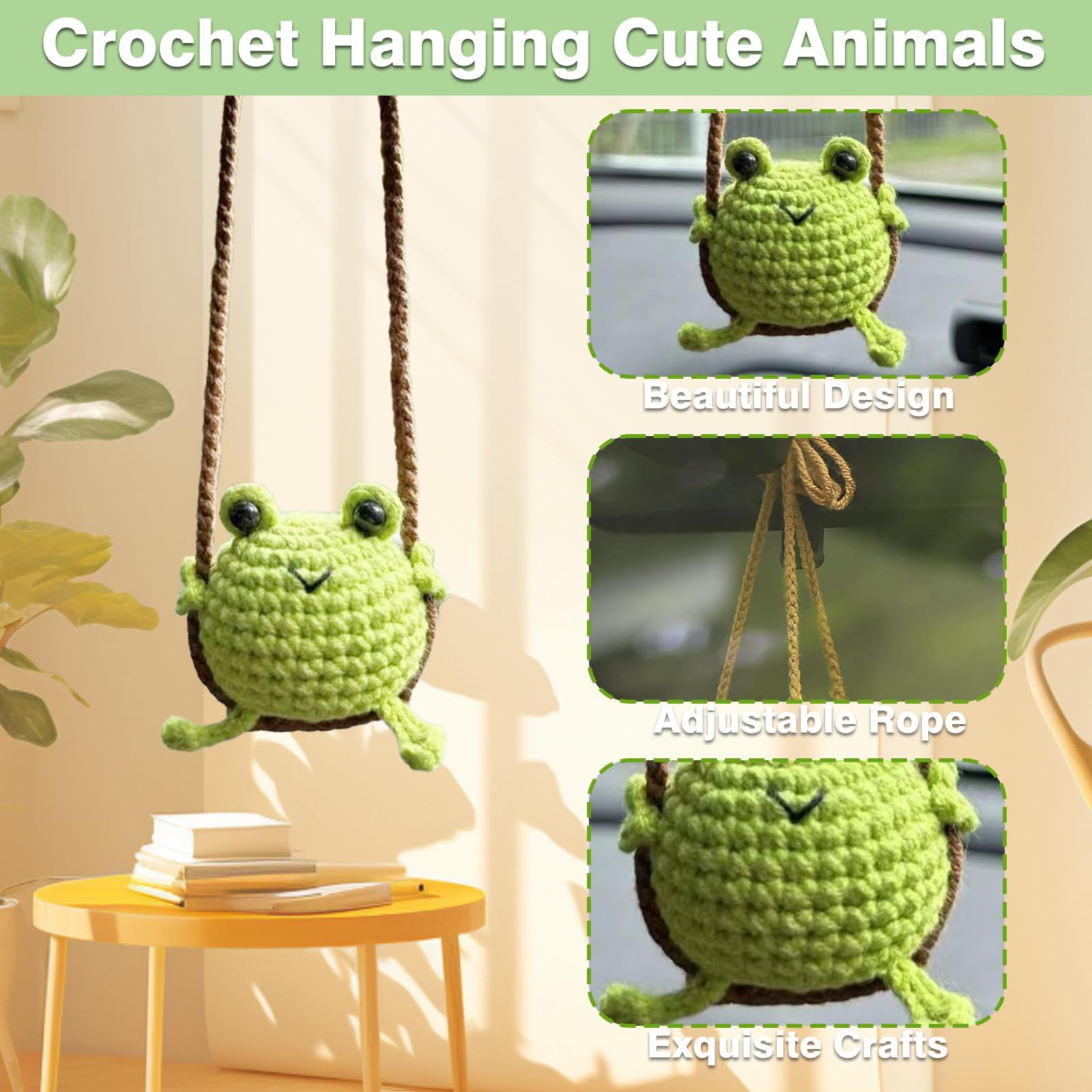 Crochet Swinging Frog Car Mirror Hanging Accessories, Cute Car Decorations For Women Aesthetic, Handmade Knitted Rearview Mirror