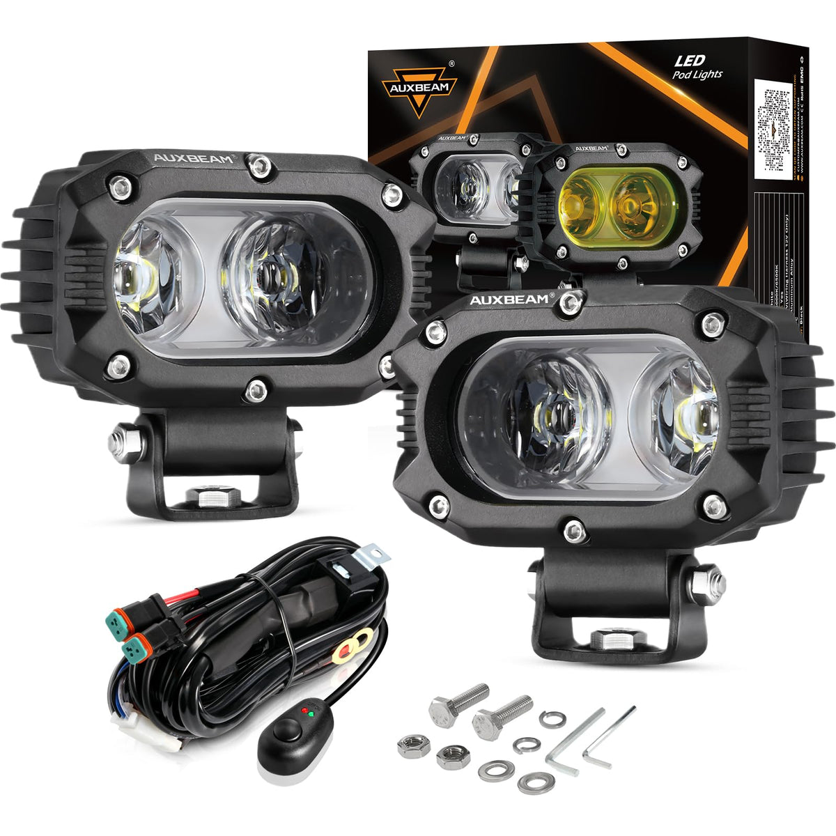 Auxbeam 4 Inch Led Light Pods, 60W Square Offroad Driving Light Super Bright 120 White Broad Flood Beam Pods Light With Off Road
