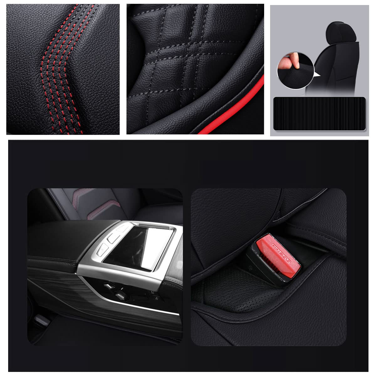 YXQYOEOSO Comfortable Leather Car Seat Covers Full Set 5 Seats Universal Fit, Black & Red, Model YOEOSO2021A
