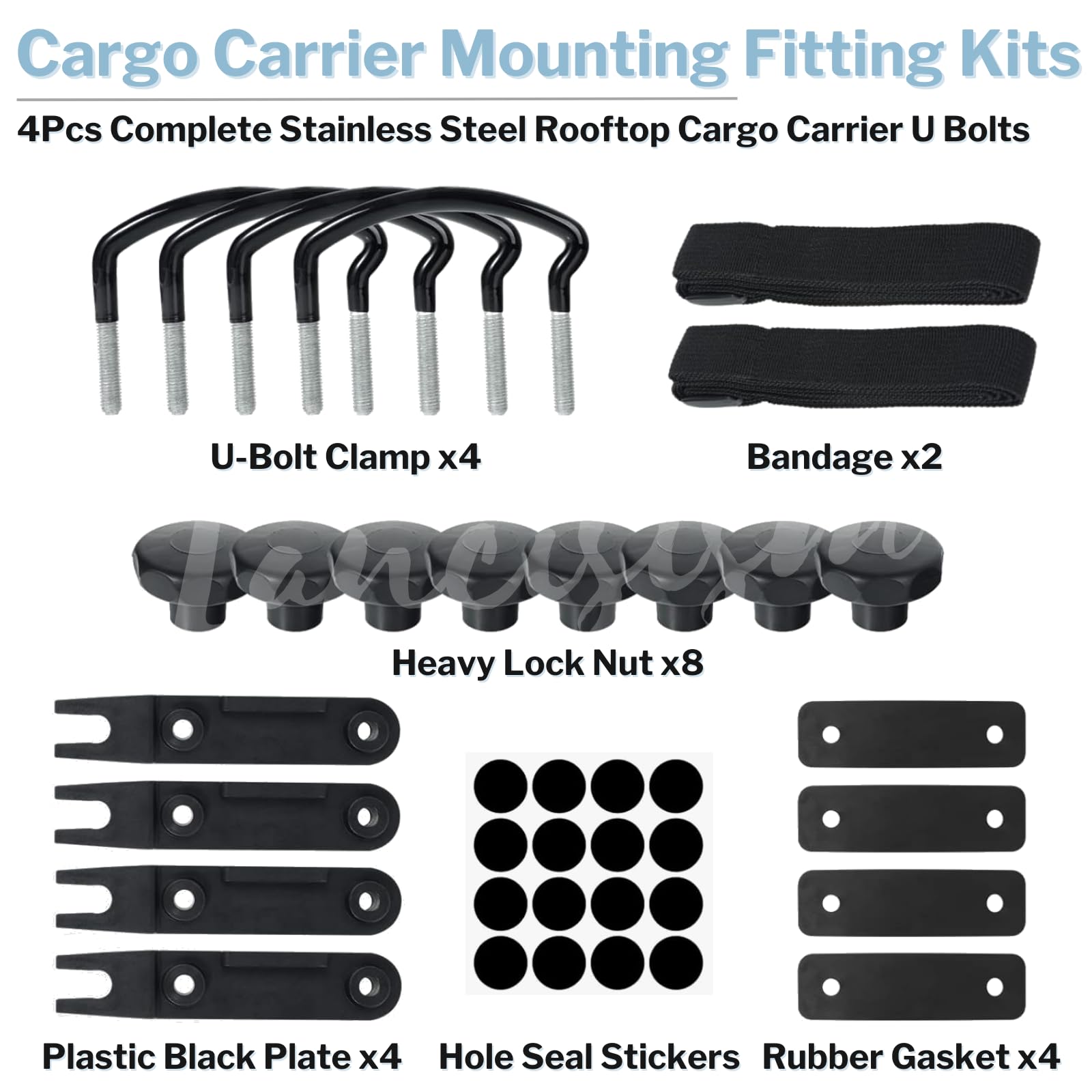 4 Pcs Universal Roof Box U-Bolt Clamps, Upgraded Rooftop Cargo Carrier Rack Bolts, Car Van Mounting Fitting Kit 85Mm Inner Width Metal U-Bracket Clips W/ 8 Lock Nuts 2 Straps