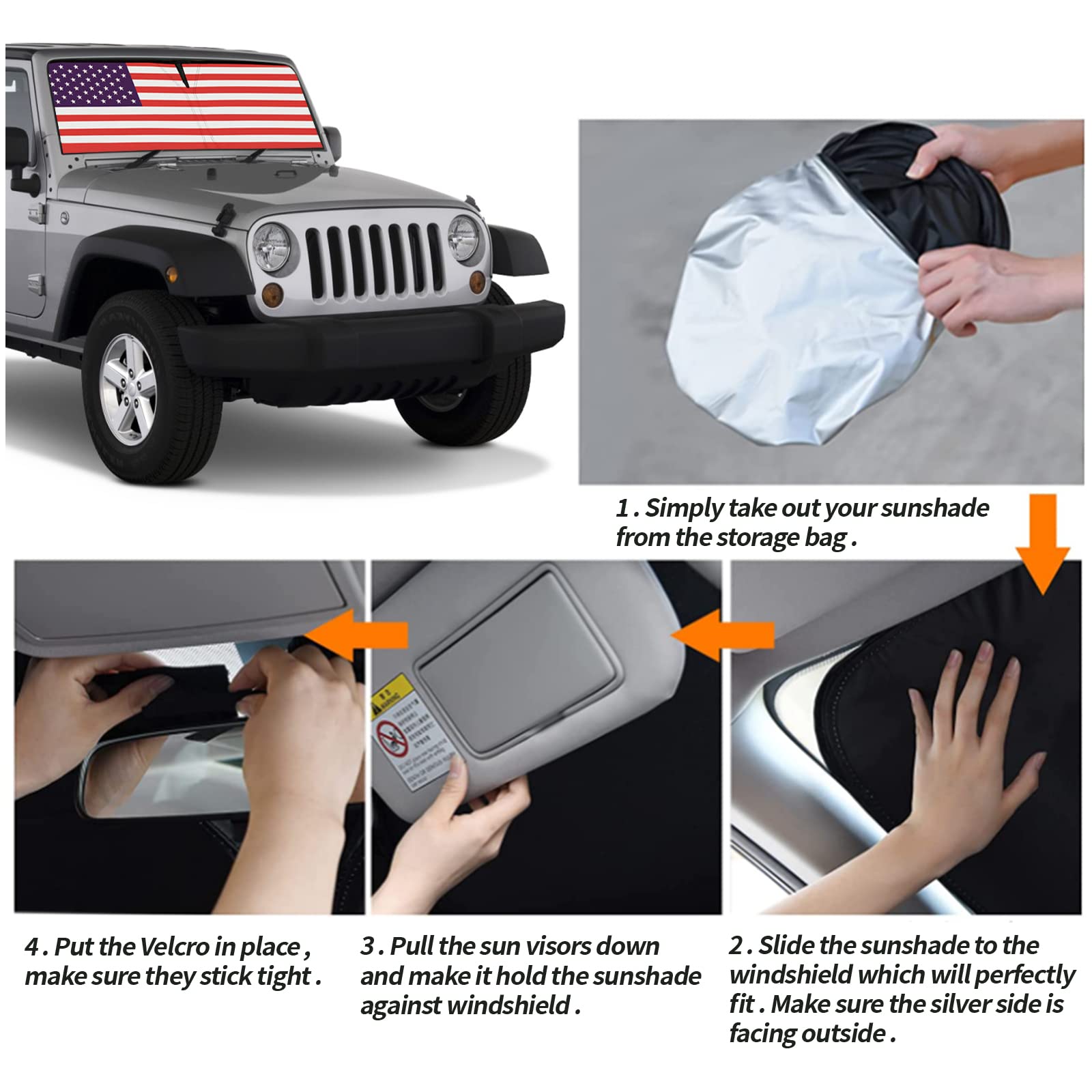 Moricere Upgrade Windshield Sun Shade With Usa Flag For Jeep Wrangler Tj Jk Jku 1997-2018, Foldable Windshield Sun Visor Blocks