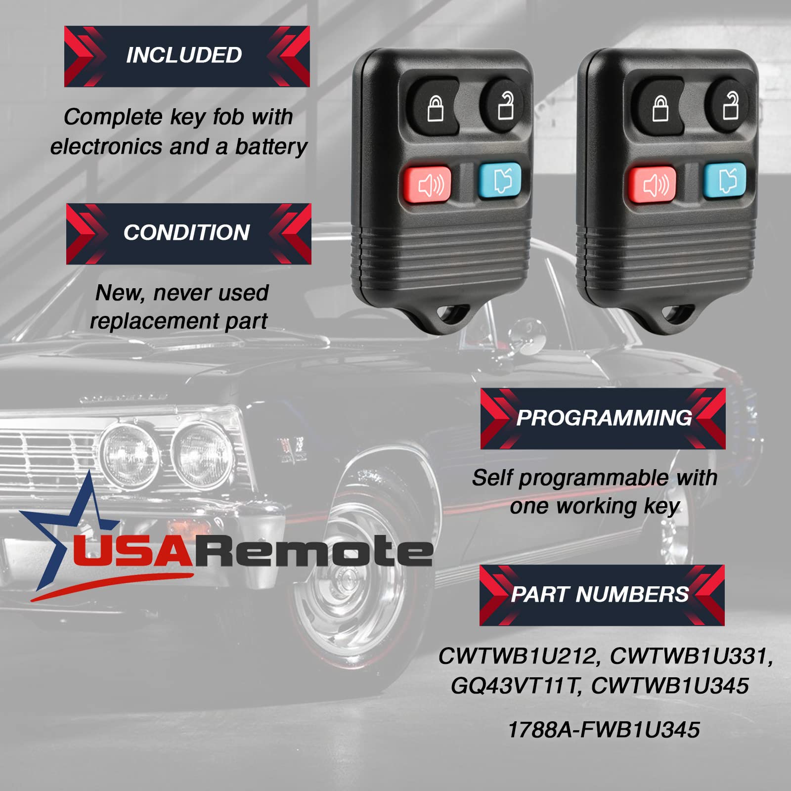 Car Key Fob Keyless Entry Remote Fits Ford, Lincoln, Mercury, Mazda With Ignition Key (Cwtwb1U331 Gq43Vt11T Cwtwb1U345 4-Btn), Set Of 2