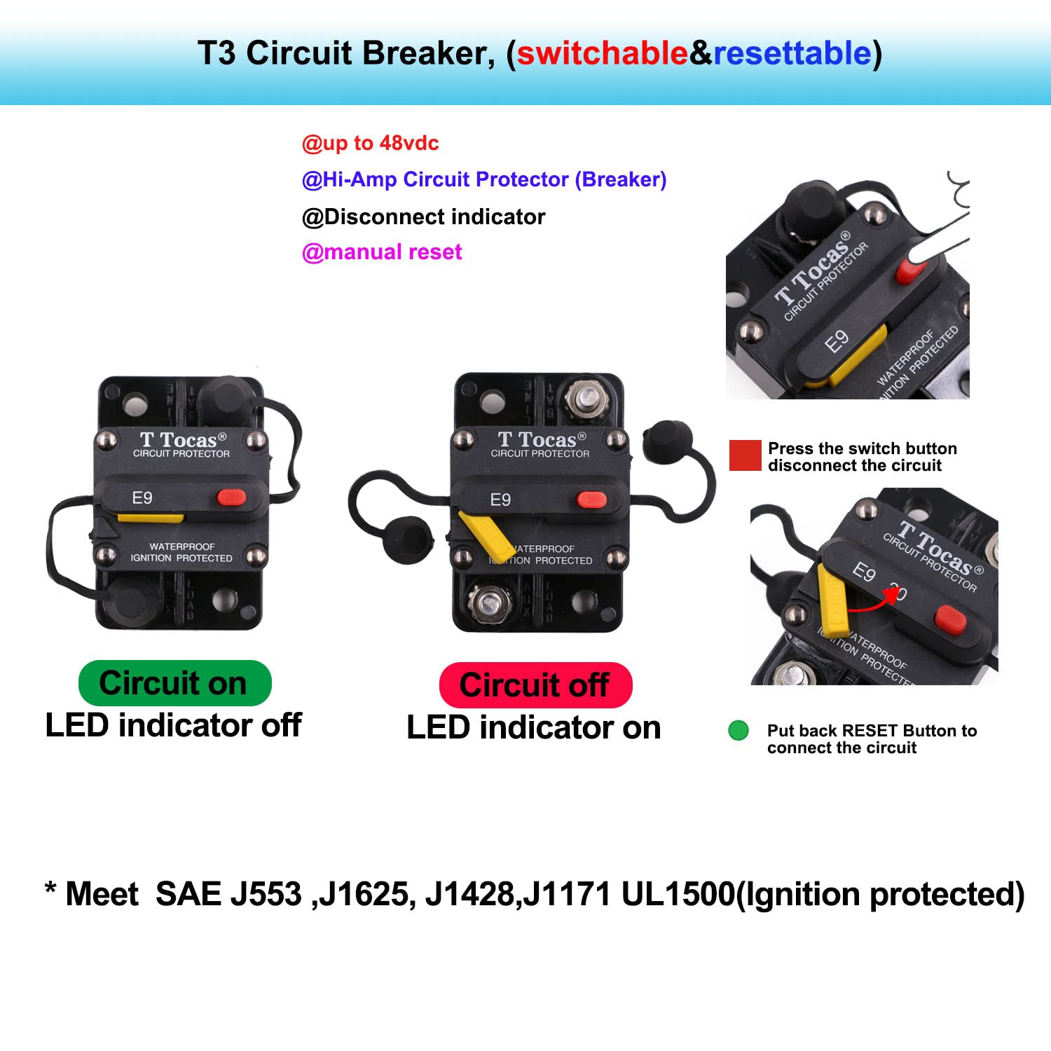 T Tocas 50 Amp T3 Circuit Breaker 12V - 48V Dc With Led Indication Waterproof Switchable