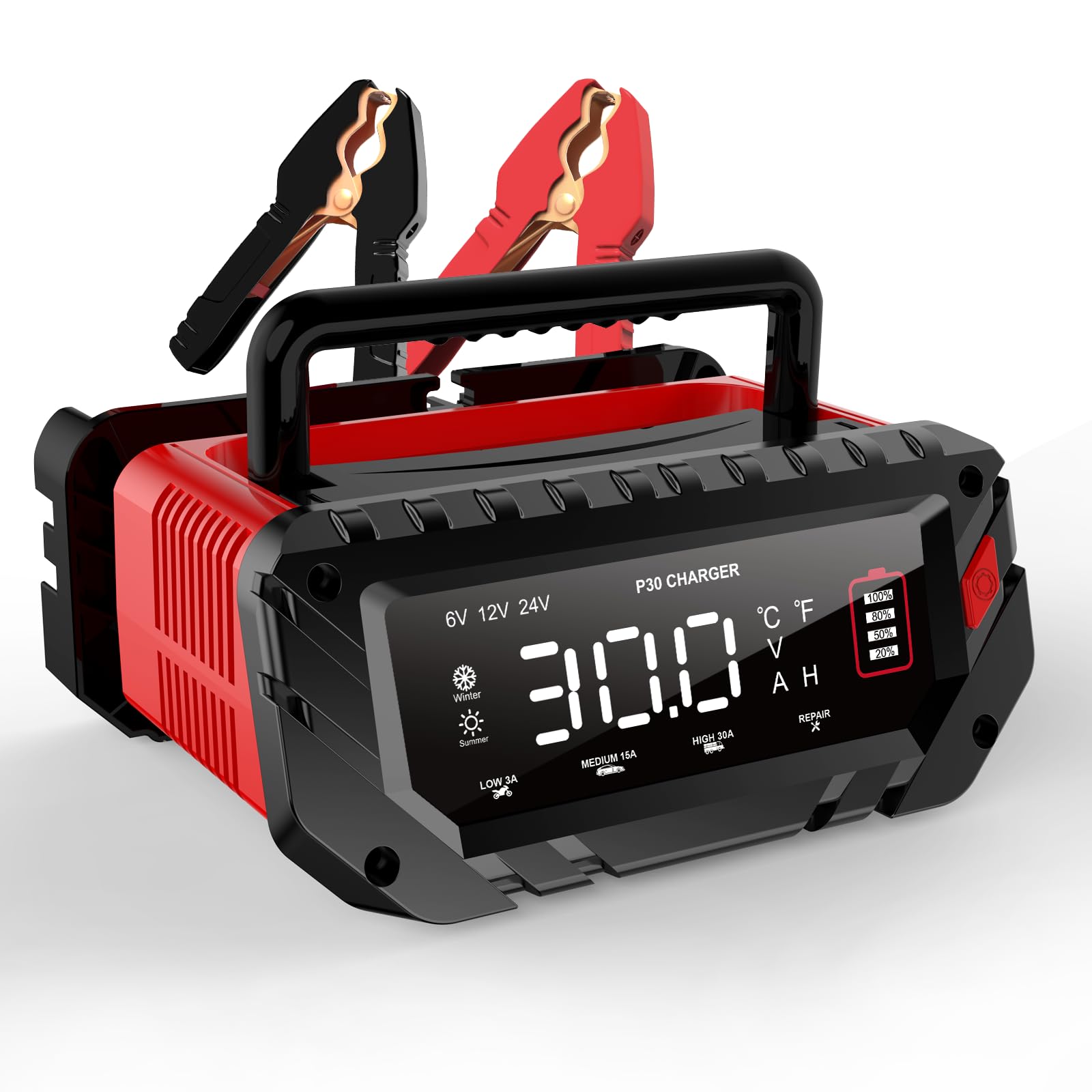 30 Amp Lithium Battery Charger,6V/12V/24V Lifepo4,Lead-Acid(Agm/Gel/Sla..) Portable Car Battery Charger,Battery Maintainer, Smar
