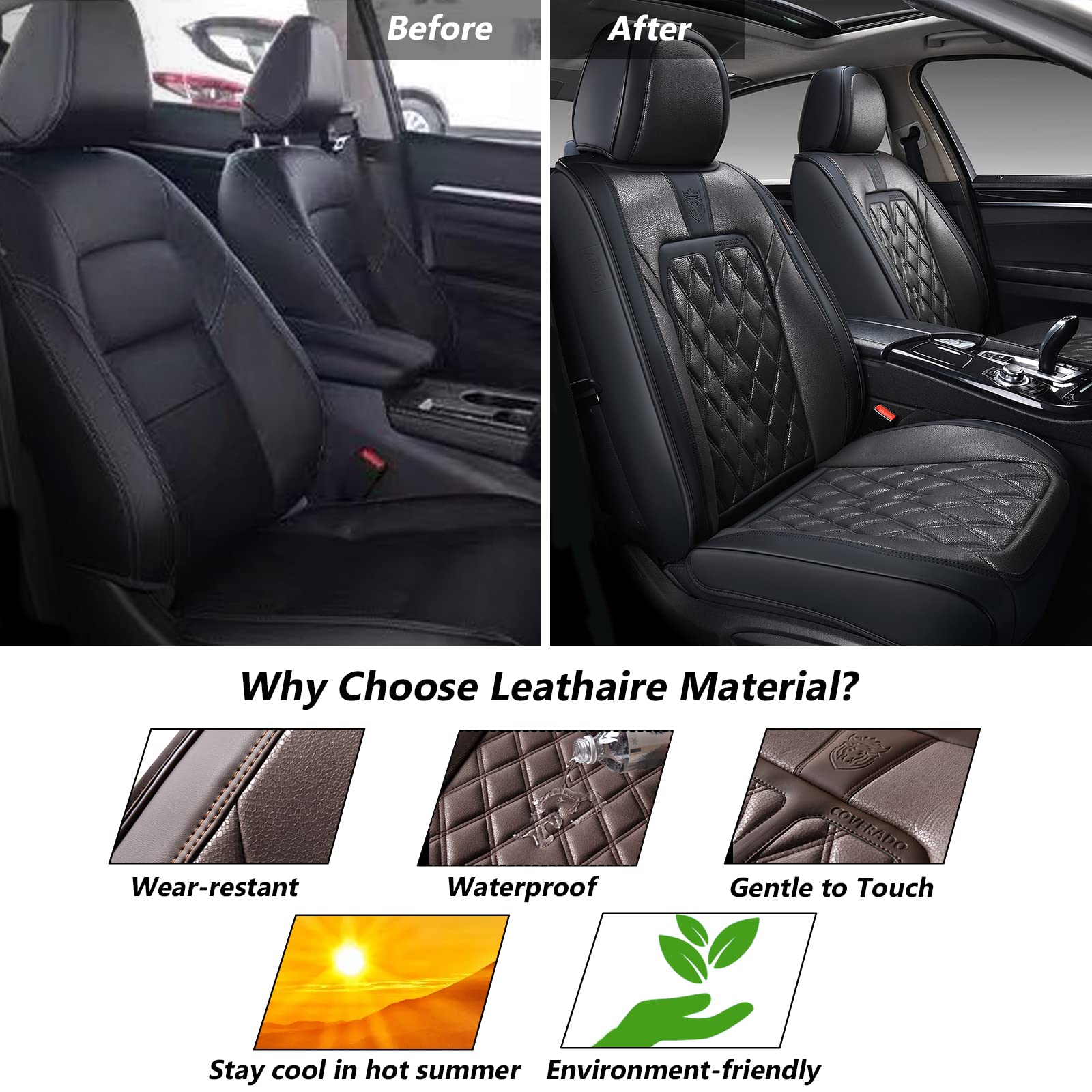 Coverado Car Seat Covers Front Seats, 2 Pack Waterproof Leather Seat Covers For Cars, Luxury Car Seat Protector, Anti-Slip Desig