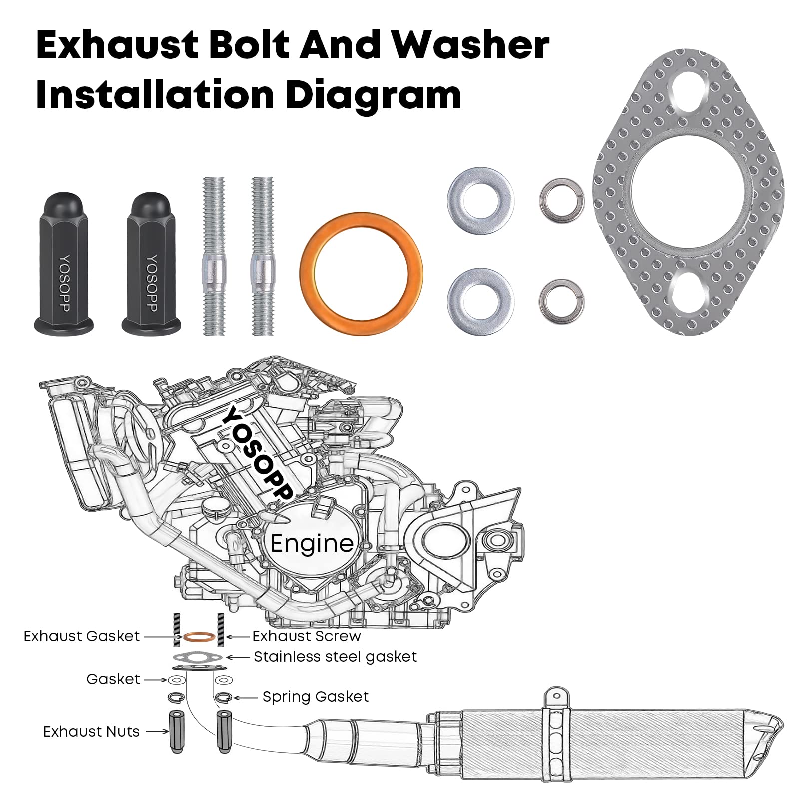 Yosopp Gy6 Exhaust Bolt Nuts Gasket For 50Cc 70Cc 90Cc 110Cc 125Cc 150Cc Scooters Atvs Gmb139 Engine Moped Quad 4 Wheeler Dune Buggy Go Karts Taotao Sunl Coolster Jonway Roketa Sandrail (Black)