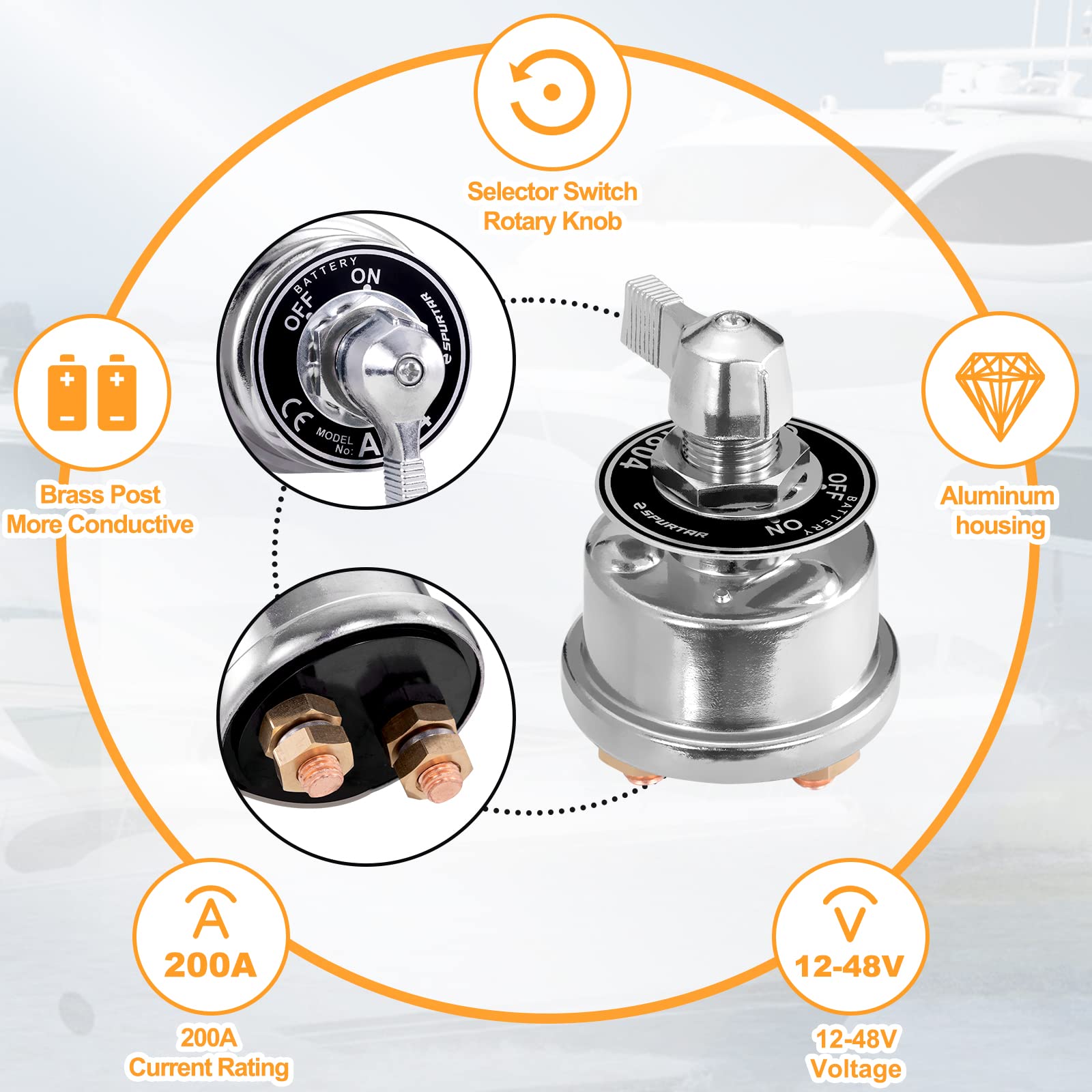 Spurtar Battery Disconnect Switch 12-48V Battery Shut Off Switch 200A High Current Master Battery Power Cut Isolator Kill Switch