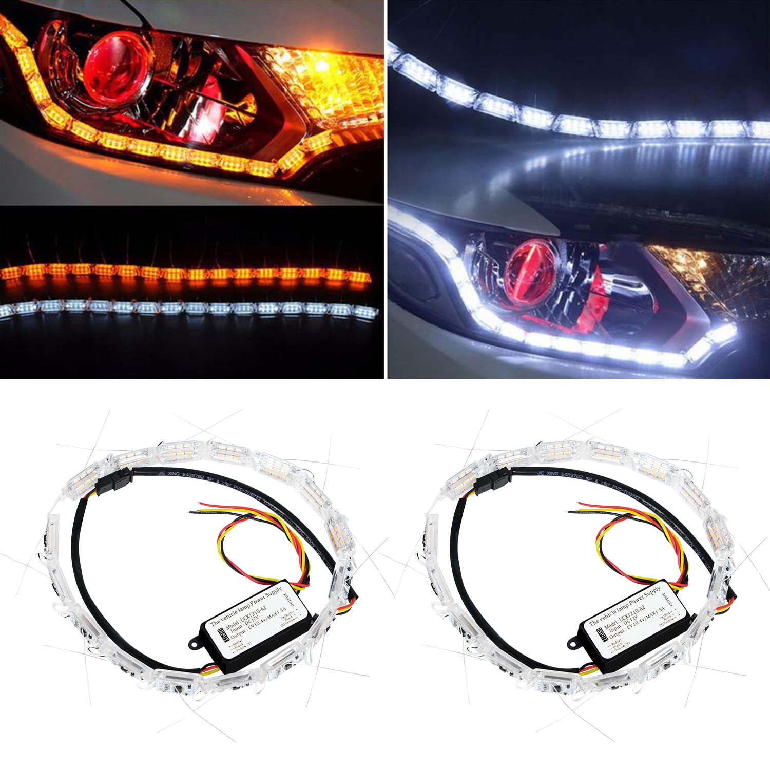 Grandviewtm 2Pcs Flexible Car Led Strip, Crystal Drl Led Lights Daytime Running Light Flowing Turn Signal Light Headlight White/