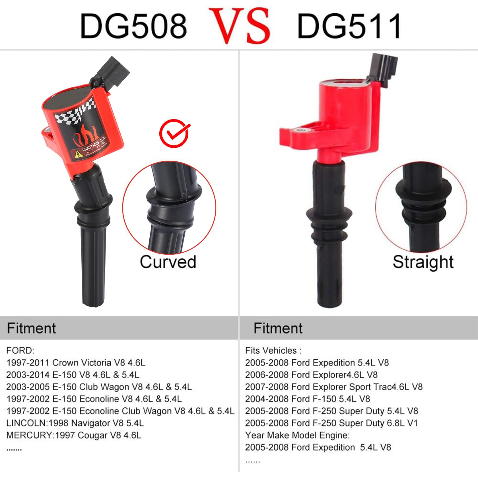 DG508 Ignition Coil Pack High Engine 8 PCS Ignition Coil Curved Boot for Ford E150 E250 E550 F150 F250 F550 4.6L 5.4L 6.8L V8 V1