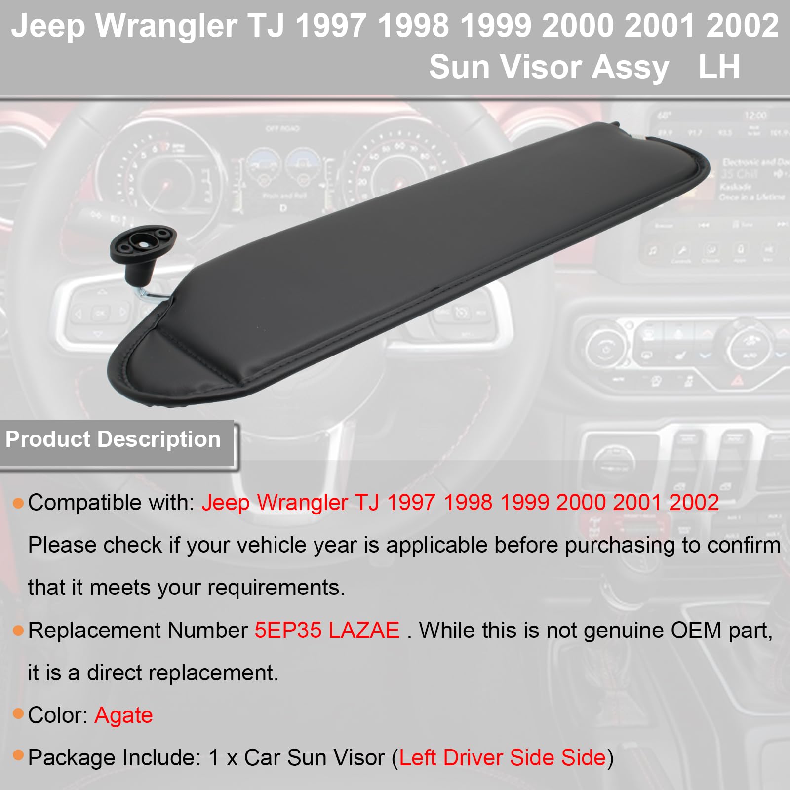 NHILES Left Driver Sun Visor Compatible with Jeep Wrangler TJ 1997 1998 1999 2000 2001 2002 Sunshade Replacement Number 5EP35 LA