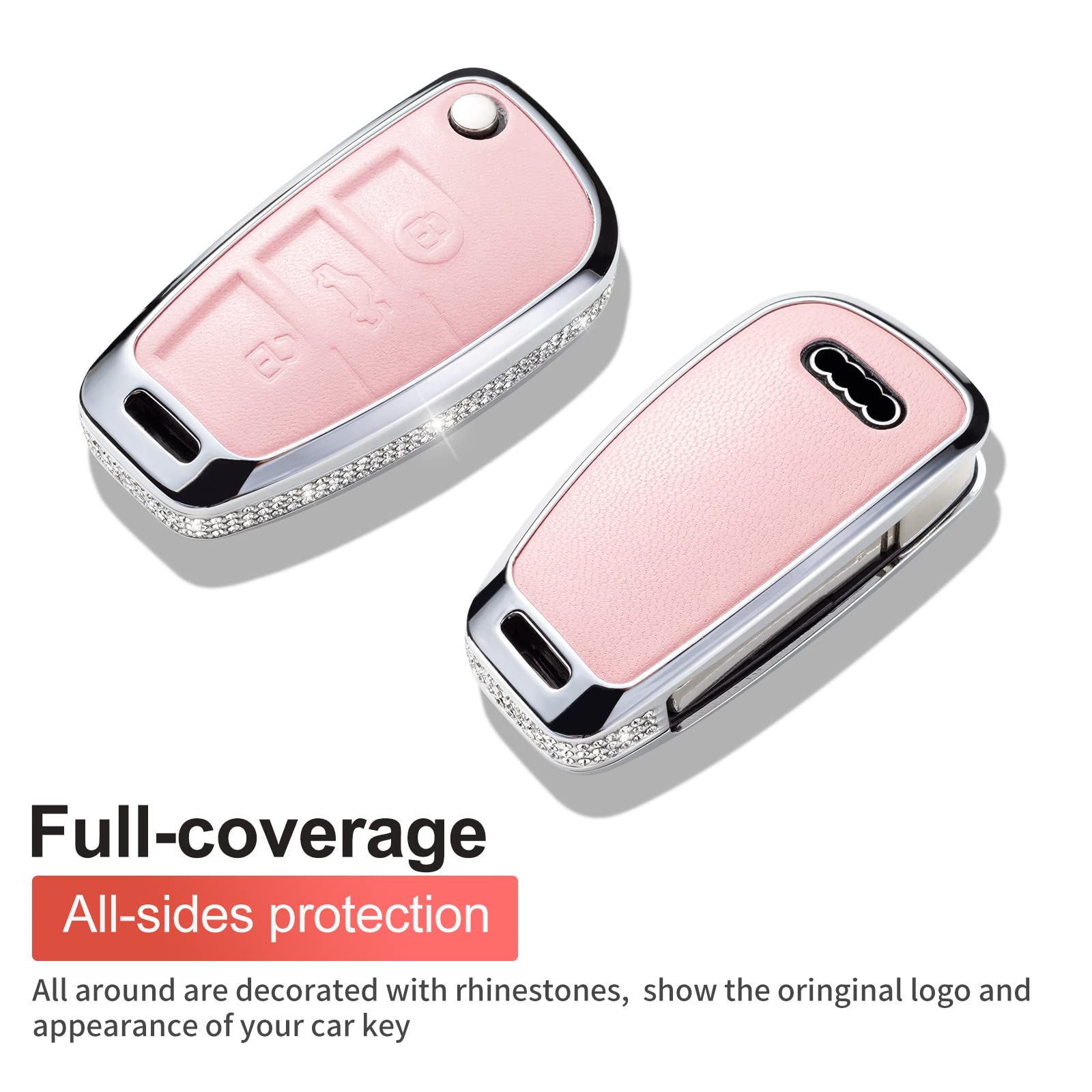 RUABIBAN Pink Genuine Leather Key Fob Cover for Audi A1 A3 Q3 Q7 R8 A6L TT - Crystal Protection Shell, Fits Audi D