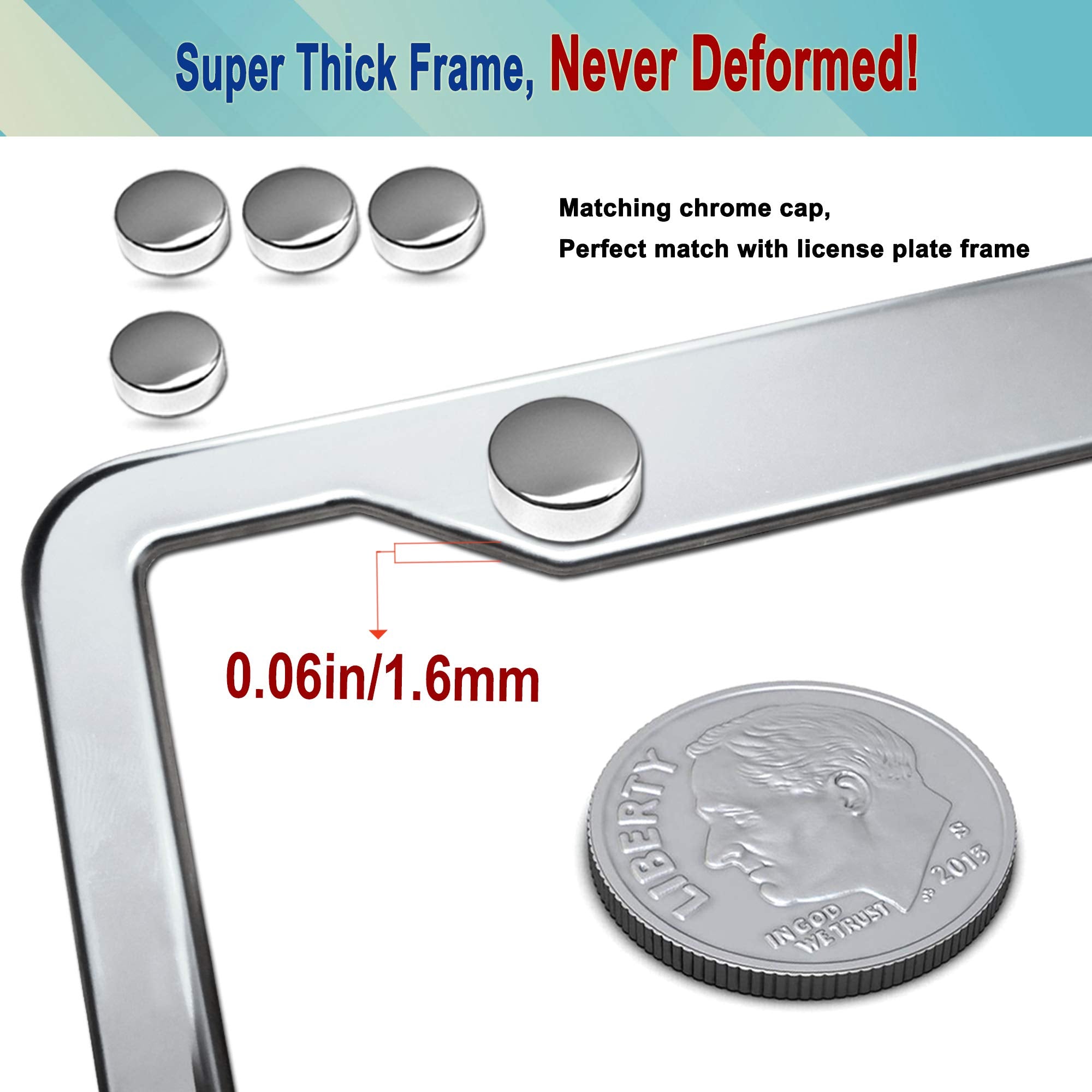 Stainless Steel License Plate Frame- 2 Pack License Plate Holder, With Screws, Chrome Caps, Heavy Duty Rustproof Metal Front Rea