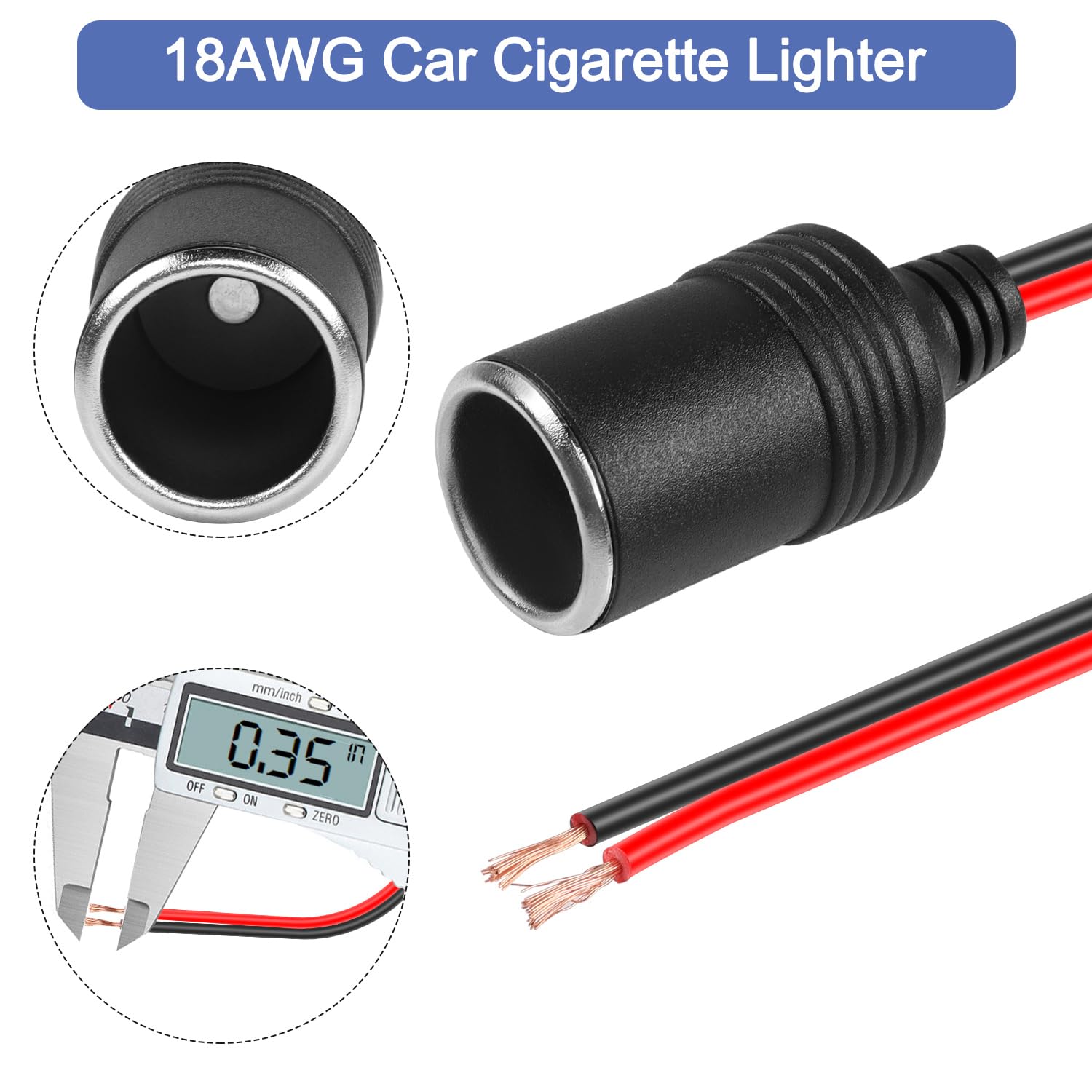 Hatmini 3 Pcs 18Awg Female Car Cigarette Lighter Socket With Bare Wire Open End Cable,1Ft 12/24V Car Charger Power Cigarette Lig