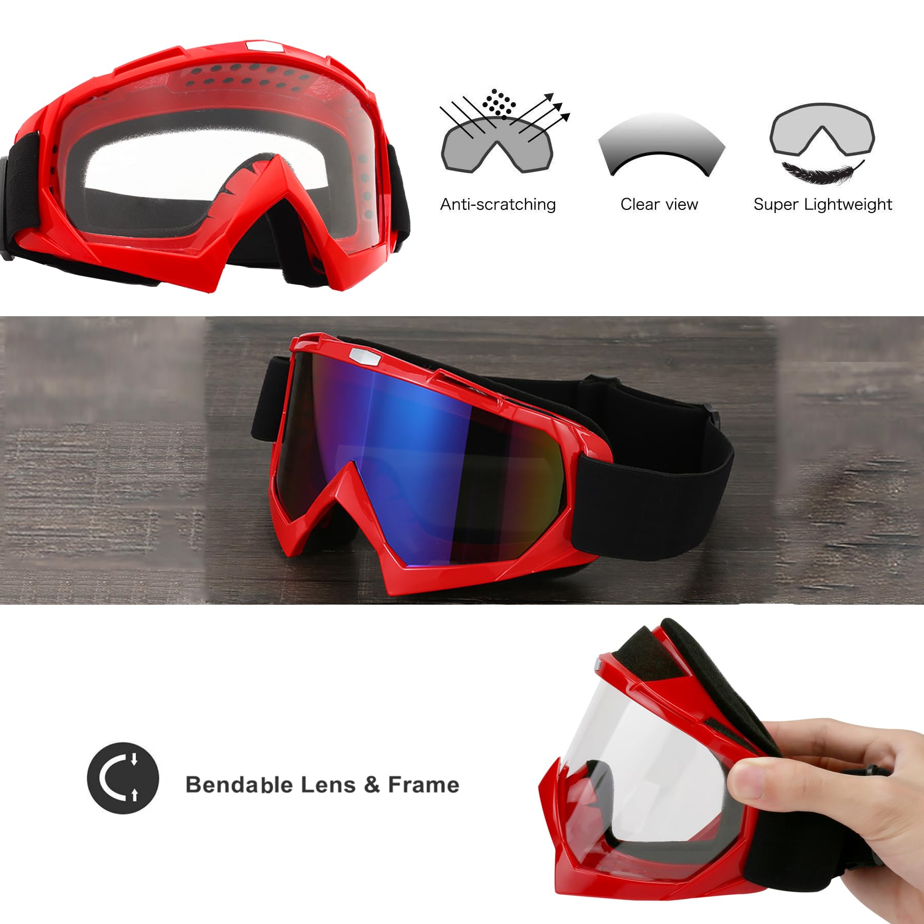 LJDJ Dirt Bike & Motorcycle Goggles 2 Pack - ATV, Riding, Ski & Racing Goggles - Windproof, Offroad Protective Glasses for Men,