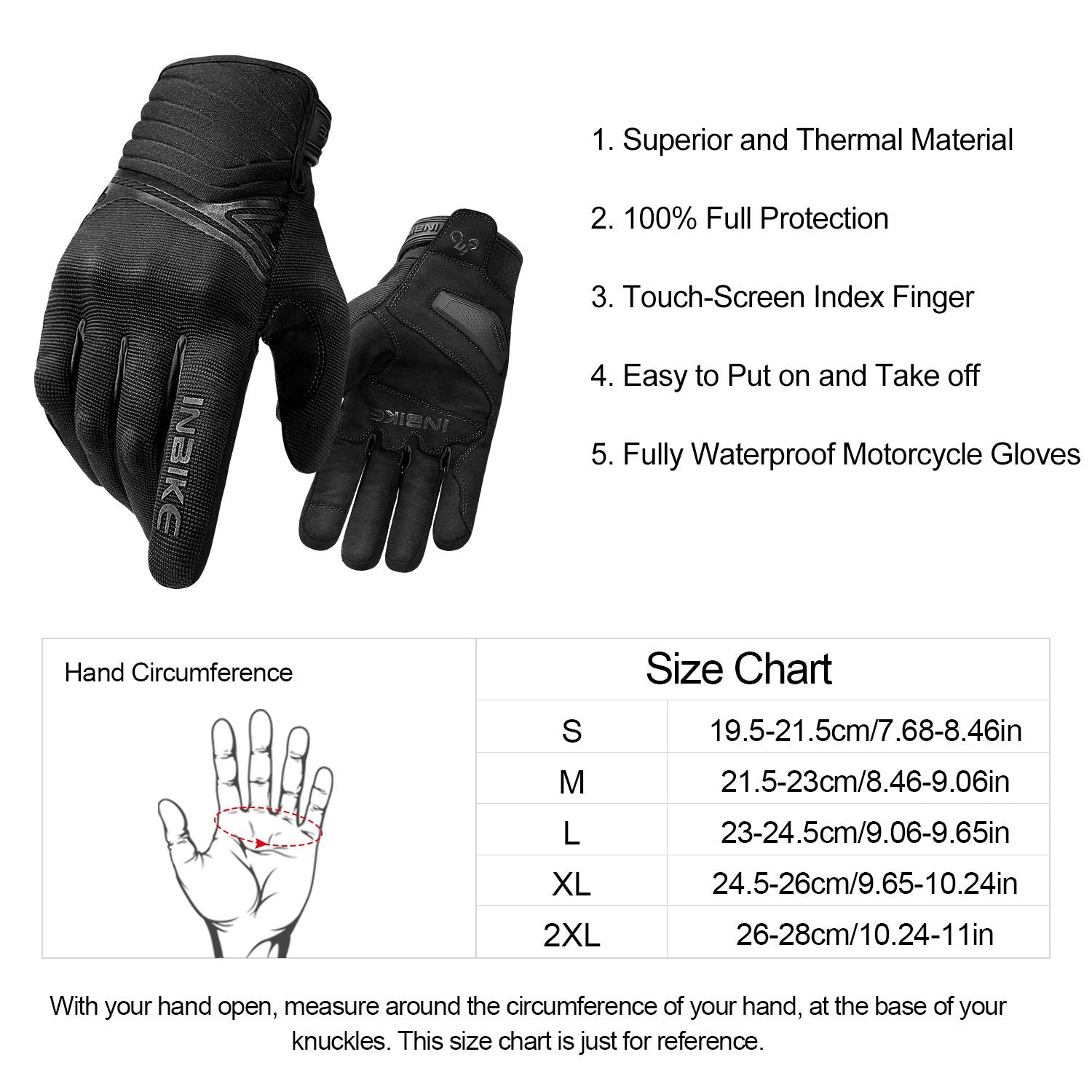 Inbike Waterproof Winter Motorcycle Gloves Thermal Fleece Touchscreen With Tpr Palm Pad Cushioning Hard Knuckle Black Large