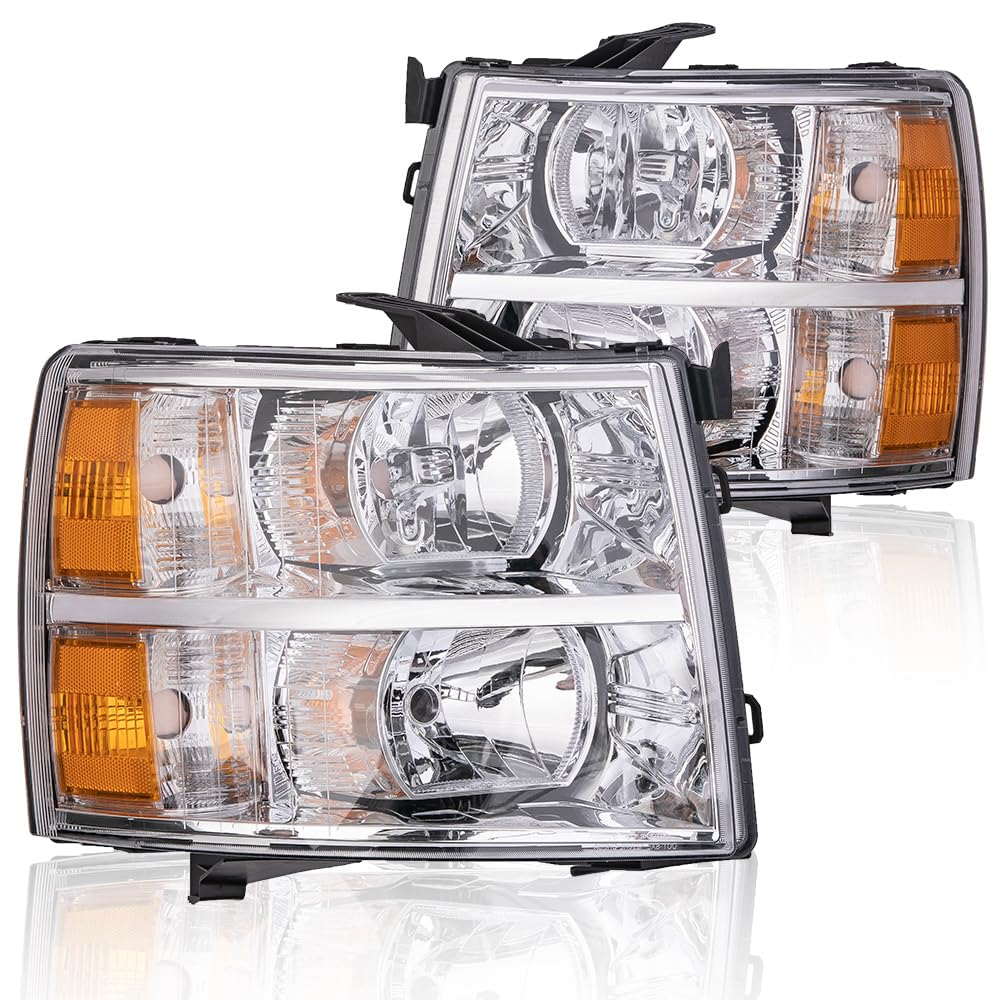 Pit66 Headlights Assembly Pair Compatible With Chevy Silverado 1500 2007-2013/Silverado 2500 3500 & Hd 2007-2014 Clear Lens Chro