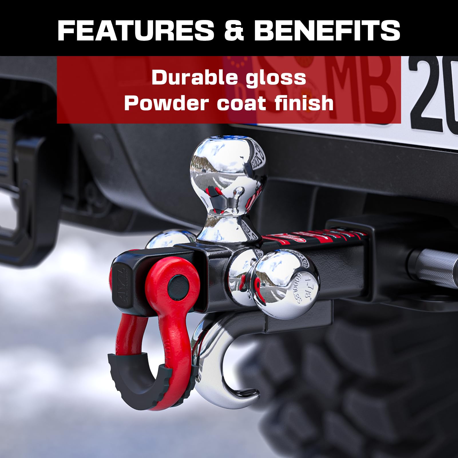 Ayleid Tri-Ball Hitch Mount with Hook & Lock, Fits 2-in Receiver, Includes 1-7/8", 2", 2-5/16" Balls, B-With