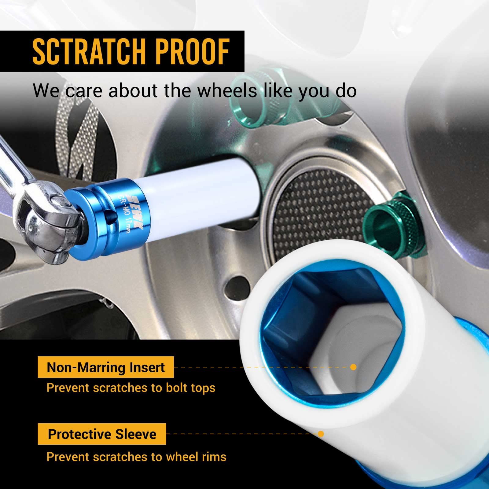 Ewk 3 Pcs 1/2'' Drive 17 19 21 Mm Lug Nut Impact Socket Set, Non-Marring Thin Wall Wheel Rim Protector Sockets, Cr-Mo, Mertic