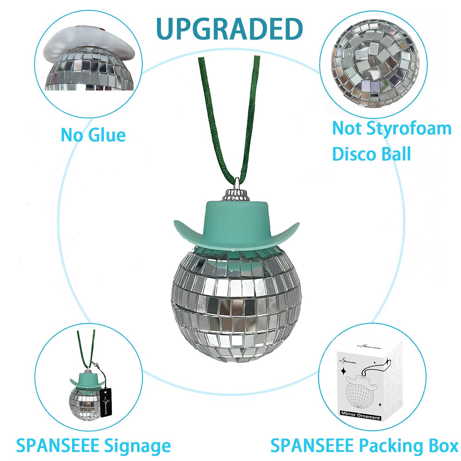 Spansee Green Cowboy Disco Ball, Disco Ball Cowboy Hat Car Accessory, Car Mirror Hanging Accessories, Disco Ball With Cowboy Hat, St. Patrick'S Day, Disco Ball Car Mirror Ornament, Cowboy Car Decor