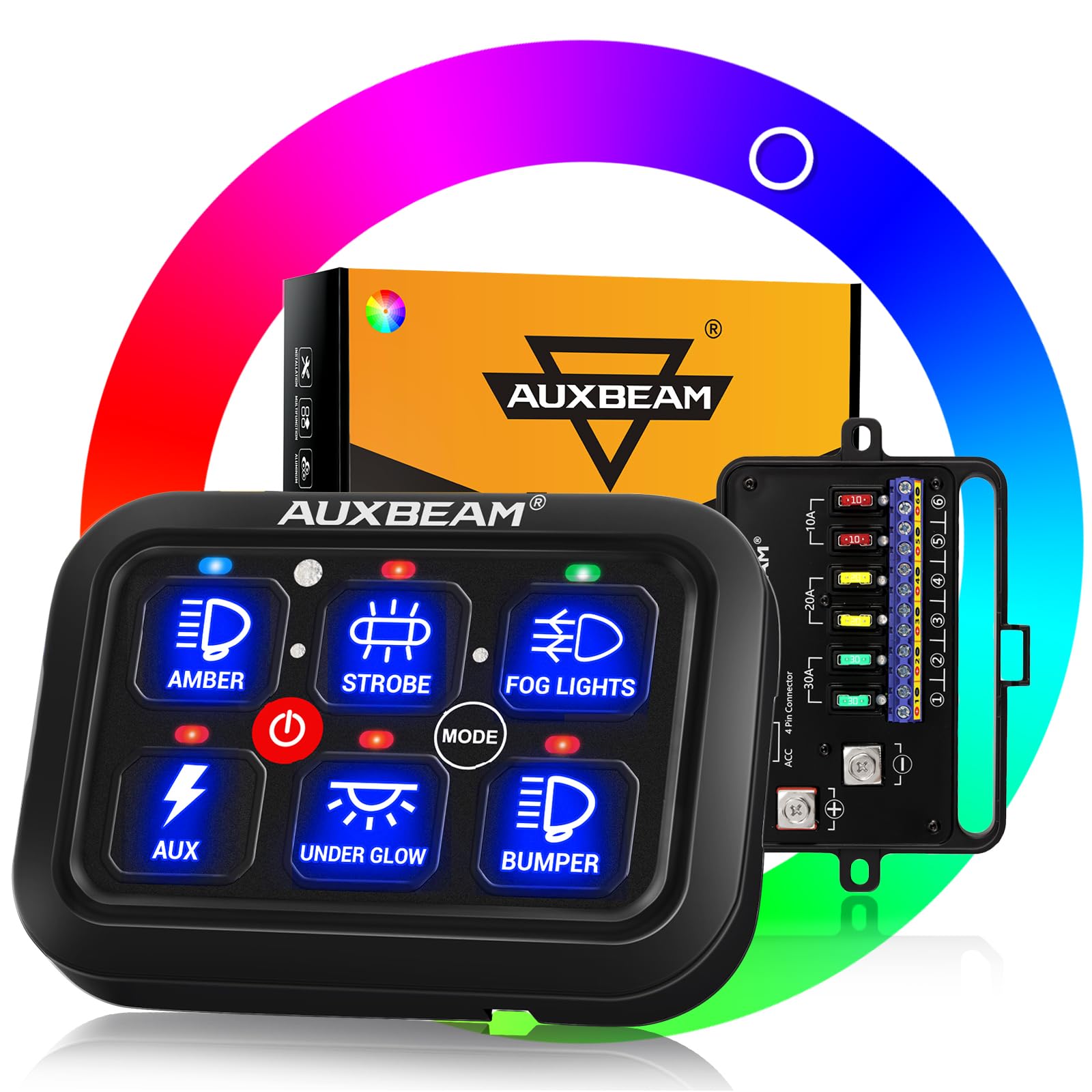 Auxbeam RGB 6 Gang Switch Panel RA60 Auto-Dimmable Switch Panel w/Momentary Toggle Pulsed Memory Function, 12-24V Switch Panel f