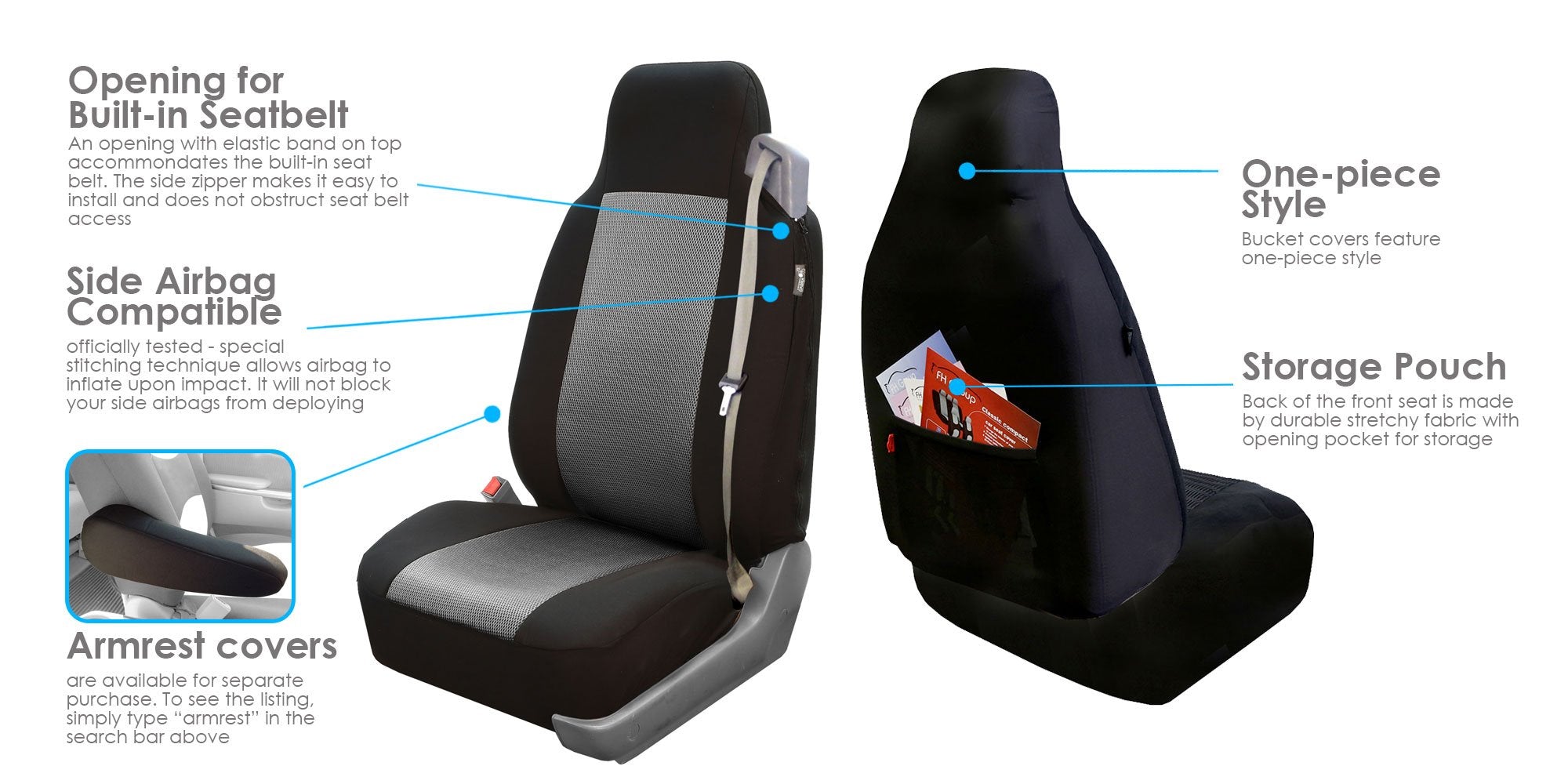 Fh Group Front Set Cloth Car Seat Covers - Bucket Seats, 2 Piece Universal Fit, Washable Car Seat Cover For Suv, Sedan, Van In G