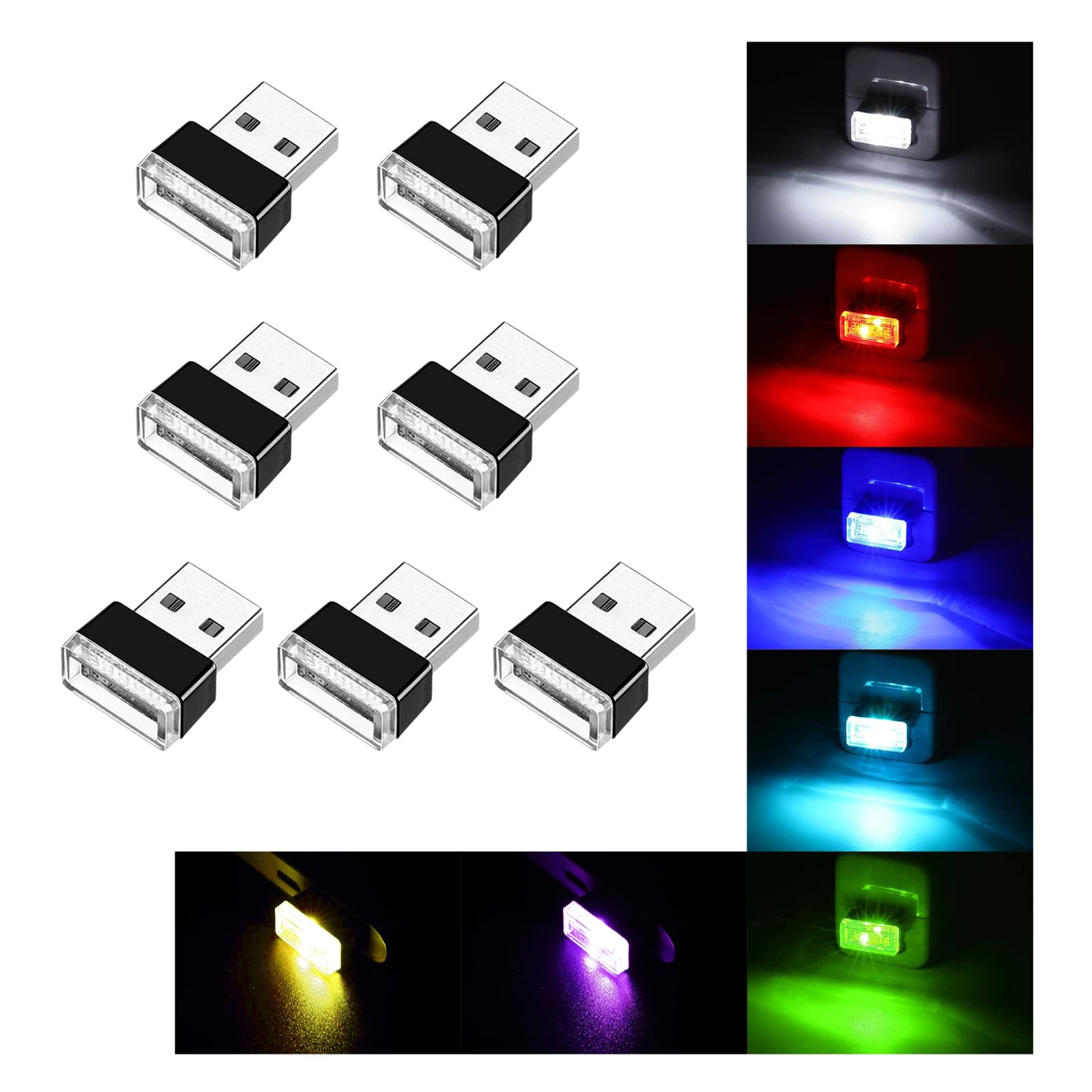 Ziciner 7 Pcs Usb Led Car Interior Atmosphere Lamp, Portable Mini Led Night Light, Plug-In Usb Interface Trunk Ambient Lighting