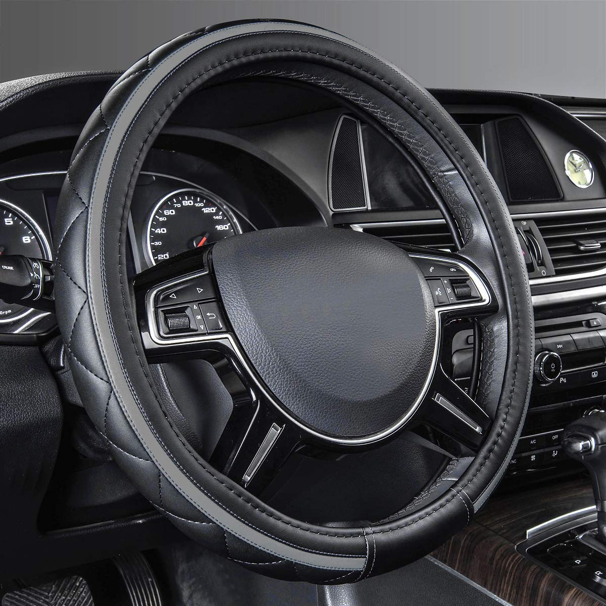 CAR PASS Sporty Quilting Leather Universal Fit Steering Wheel Cover,Fit for Suvs,Vans,Sedans,Trucks for 14.7'' to 15''(Black & G