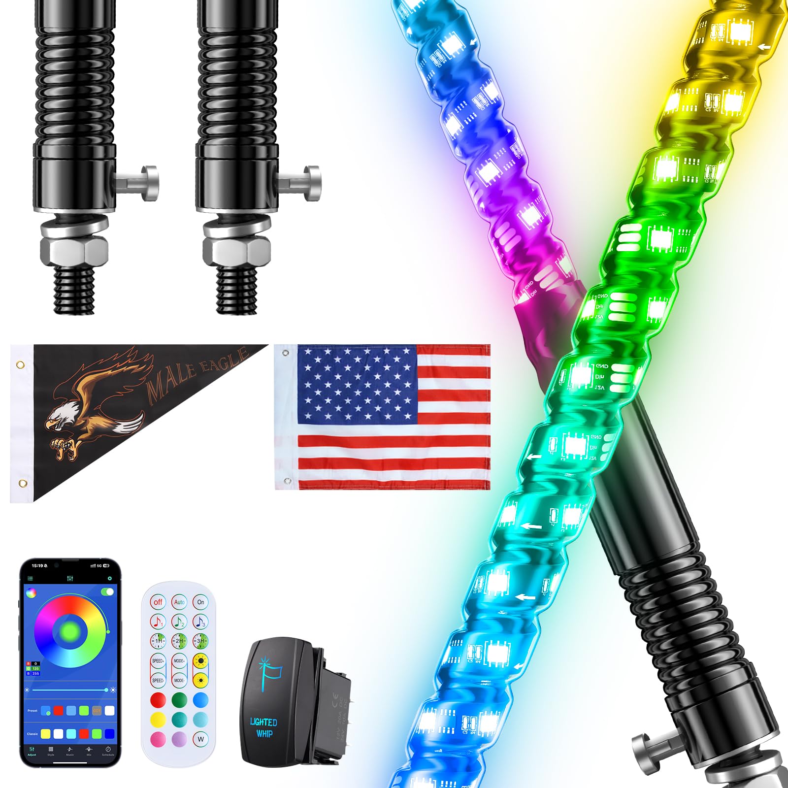 Ehaho 2 PCS 3FT Whip Lights with Spring Base, APP & Remote Control Led Whip Lights for Side by Side, Spiral RGB Chasing Lighted 